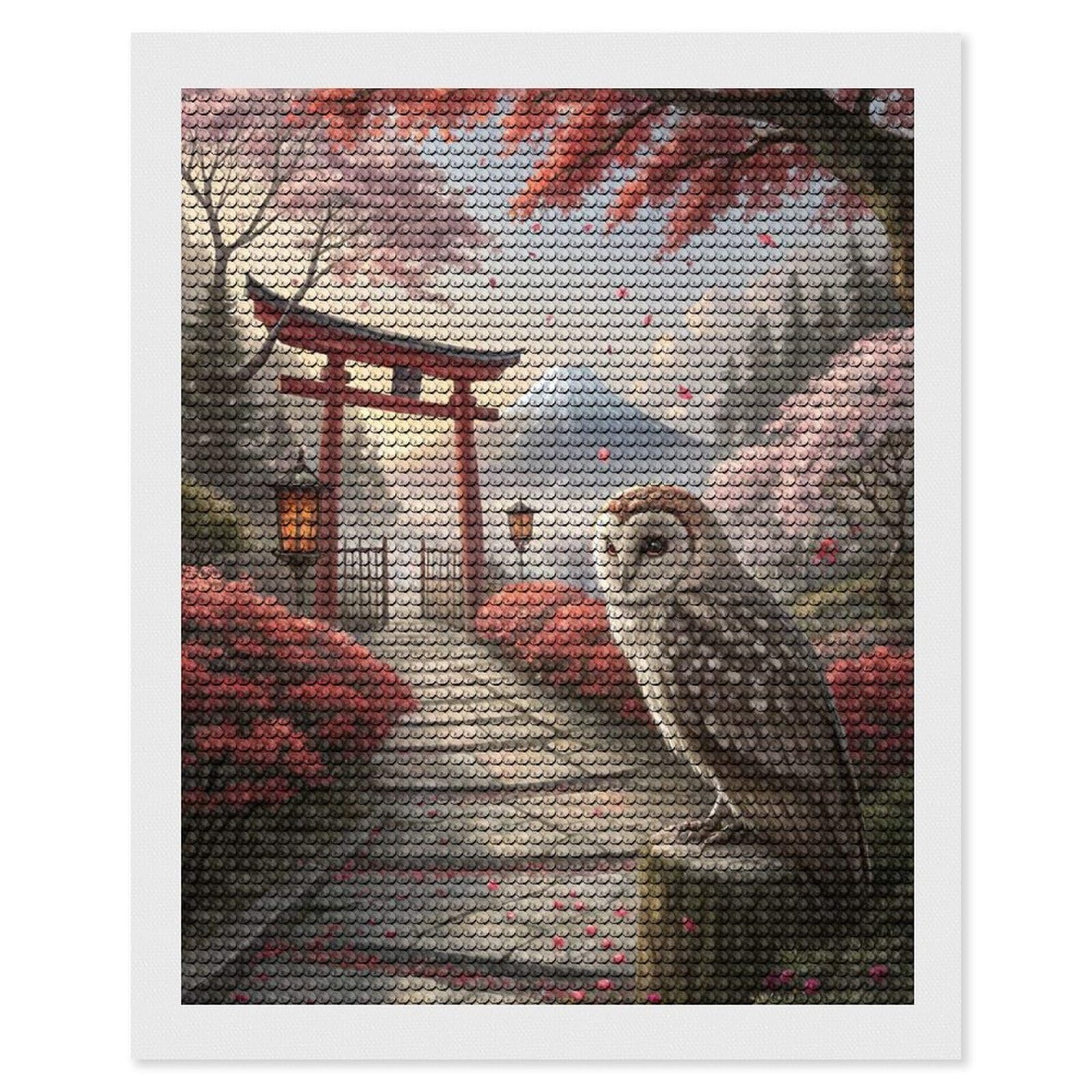 Junmoney Owl in Japanese Garden with Mt. Fuji Diamond Painting Canvas Set 16"x20", Full Kit Included, Calming Craft to Unwind, Farmhouse Decor, Christmas Gift