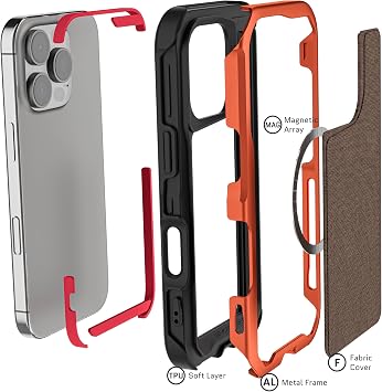 Ghostek Atomic Slim iPhone 16 Pro Case - Tan Fabric Back & Aluminum Bumper - Shockproof iPhone Case - Non-Slip Grip, Compatible with Apple MagSafe Accessories iPhone 16 Pro Case MagSafe (6.3)(Orange)