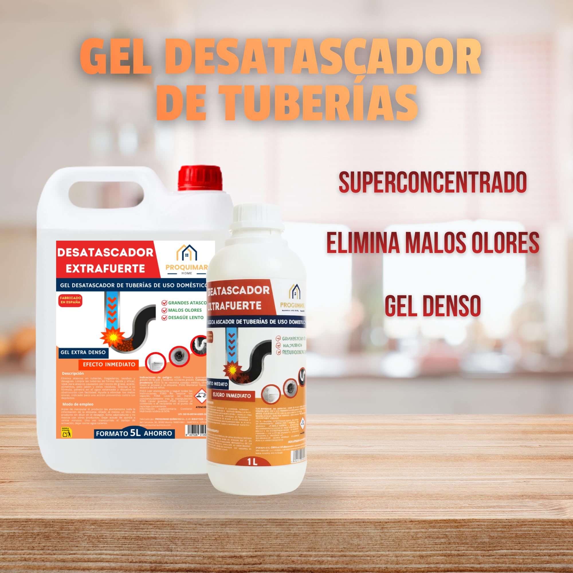 Desatascador de Tuberías Proquimar – Elimina Atascos por Pelo, Comida y Más – Uso Doméstico – Garrafa de 5 Litros