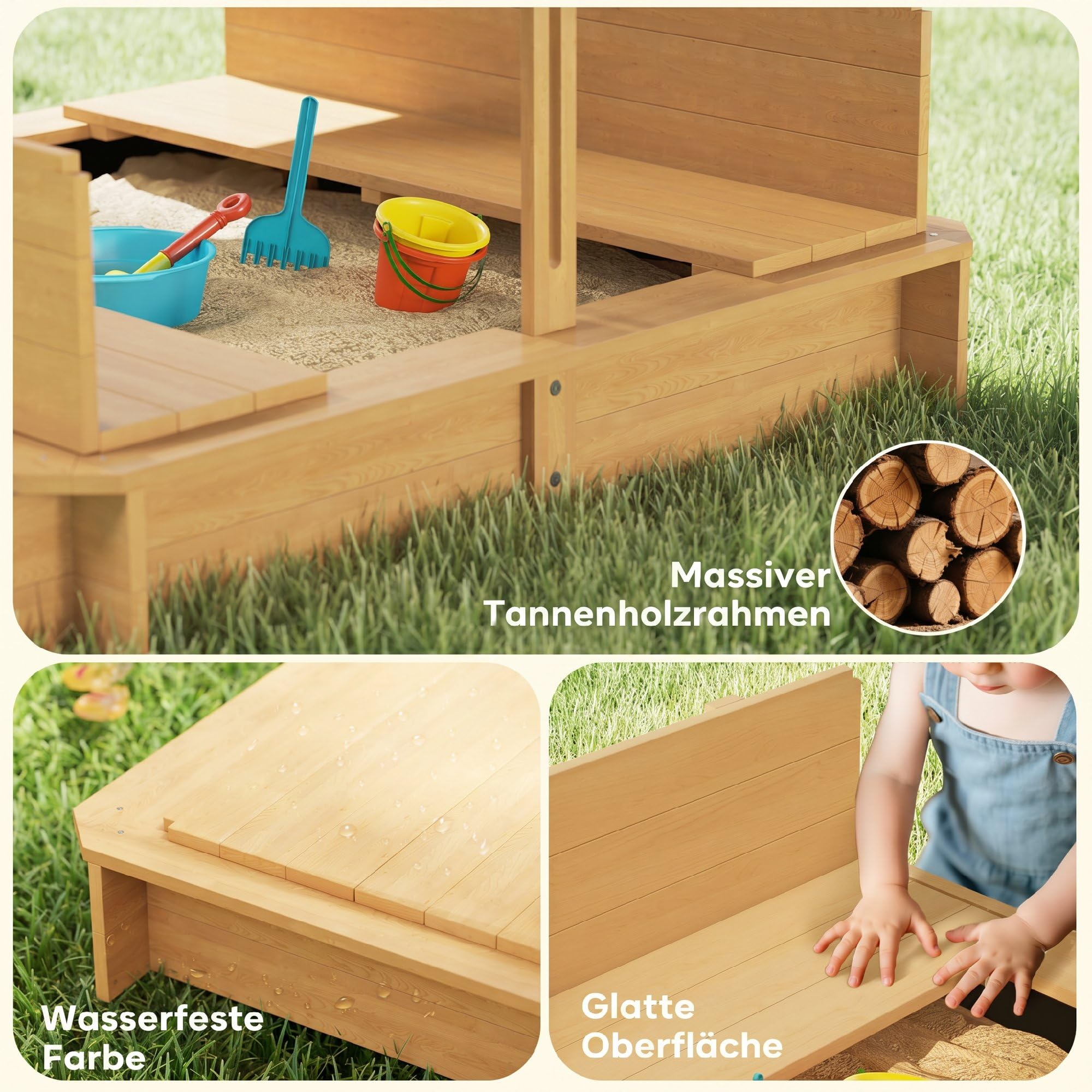 Outsunny Sandbox 106 x 106 cm per bambini con copertura regolabile in altezza, sabbiera in legno con panche schienale per esterni, giardino, terrazza, balcone
