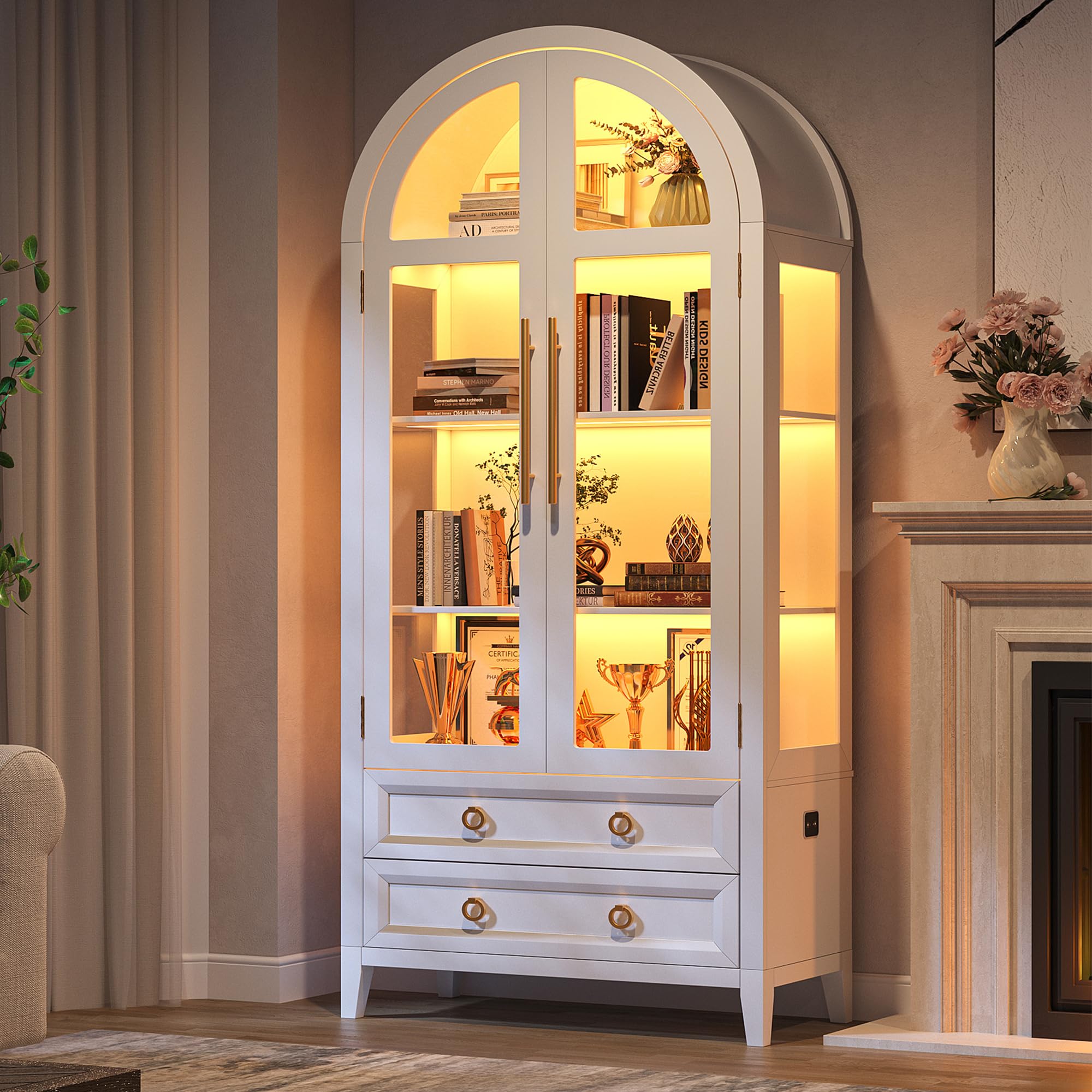 LVSOMT LED Vetrina Espositiva in vetro ad arco, 180cm Altezza Vetrinetta con Ante in vetro, Vetrina Arcuato in Legno con 4 Ripiani e 2 Cassetti, Luce 3 Colori, Vetrinetta Soggiorno, Corridoio, Bianco