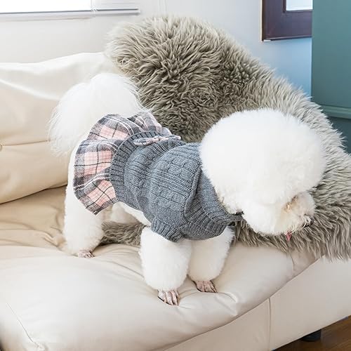 WOYYHO Girl Dog Sweater Dress with Bowtie Turtleneck Small Dogs Sweater with Leash Hole, Knitted Small Dog Sweaters Dress Puppy Winter Clothes for Yorkies Chihuahua (Large, Pink)(Grey,Small (5-9lbs))