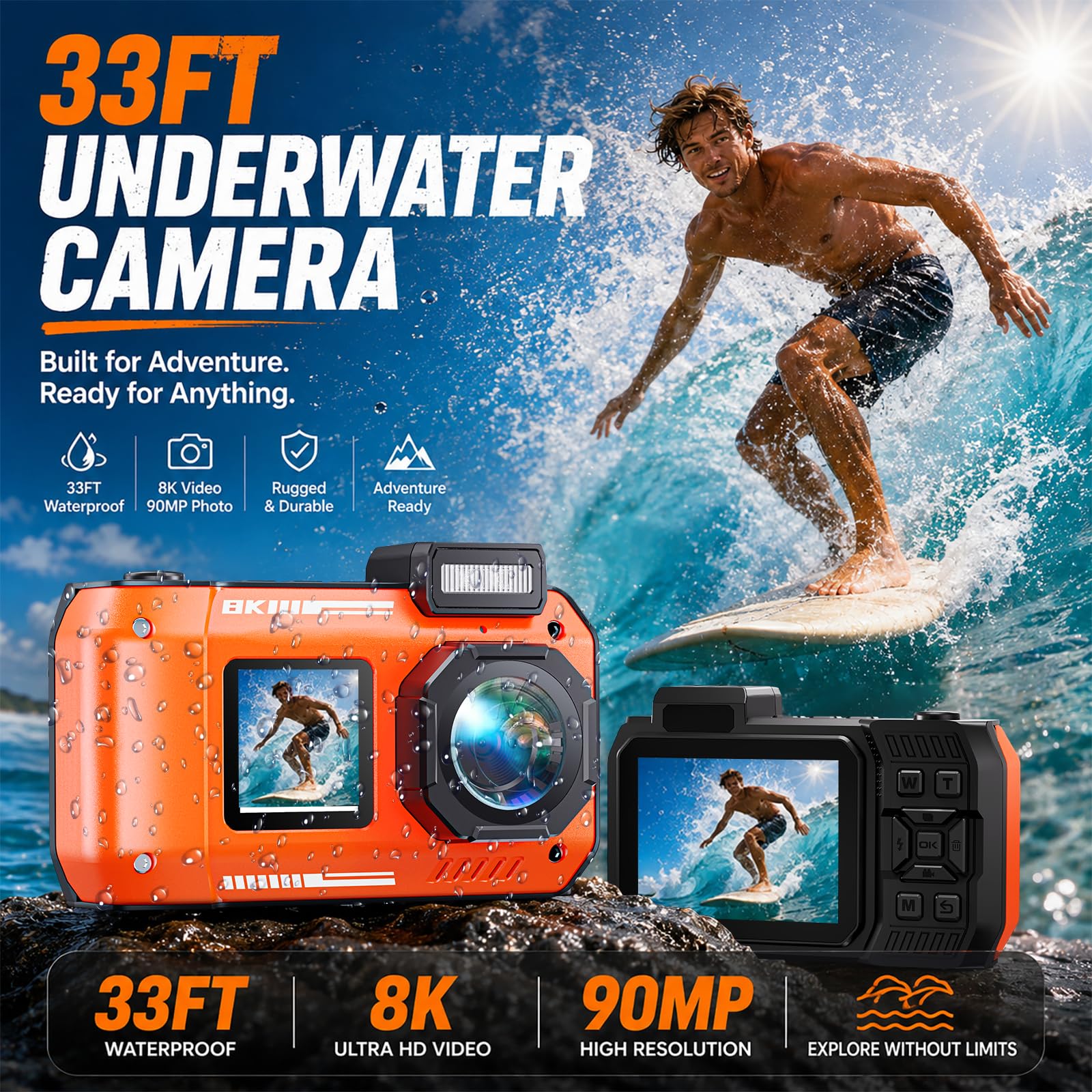 MaxMango D50 33FT Cámara Digital Impermeable, 8K 70MP Cámara Acuática con 16 GB, Cámara de Fotos con 2.88" Doble Pantalla 18x, Resistente al Polvo y a los Golpes, Autofocus - Naranja