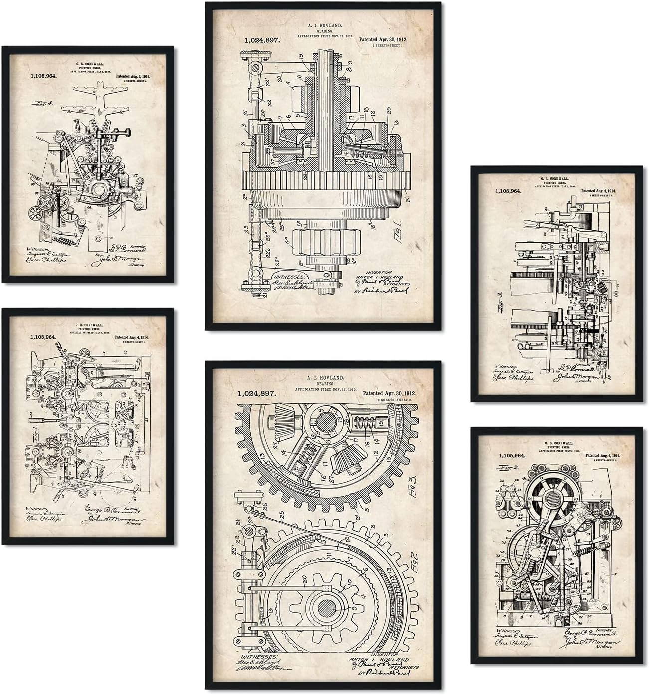 NacnicSet of 6 sheets of patents Machinery - Posters with retro drawings of old inventions - vintage style interior decoration - sizes A4 and A3 - Unframed