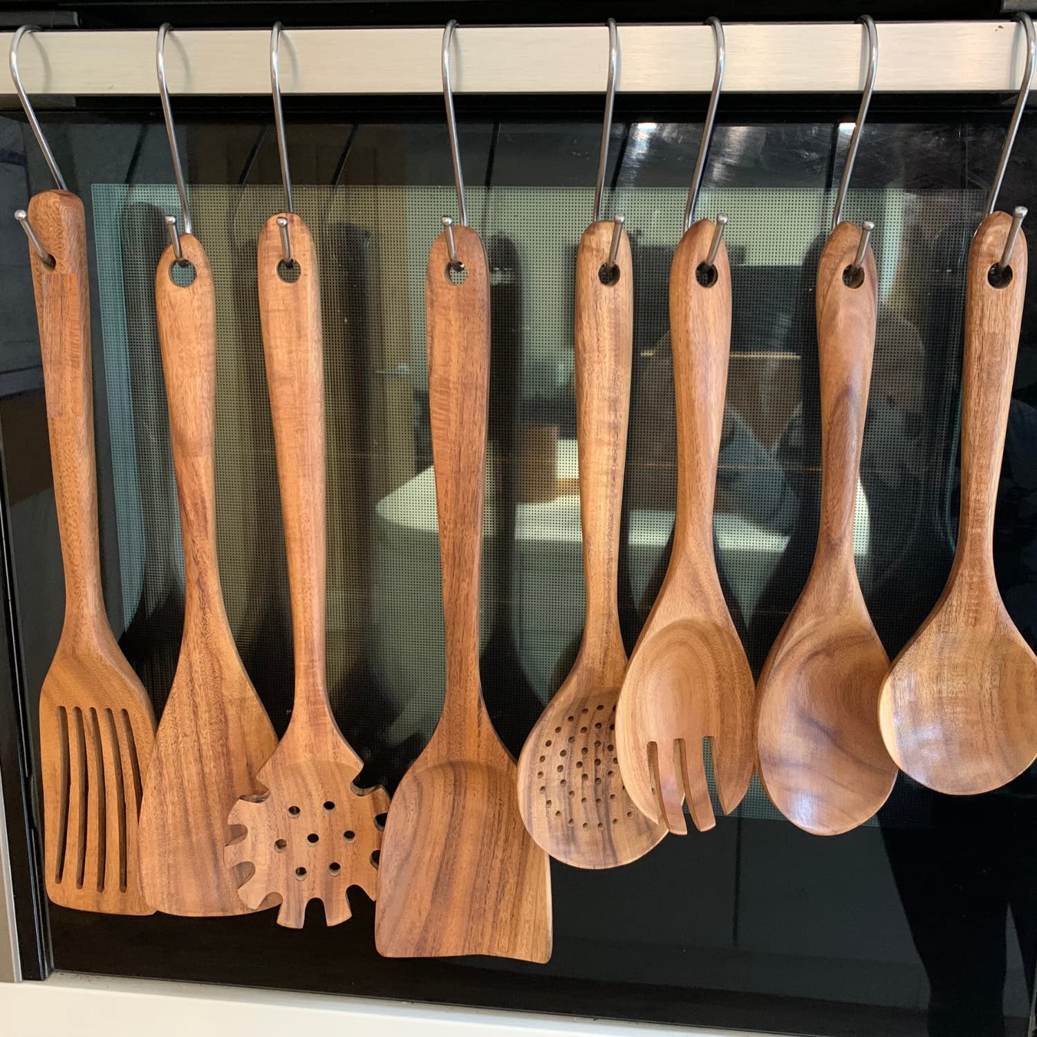 Küchenutensilien Set, Holzhalter, Löffelablage und Haken, 100% natürliches Teakholz Holz Küchenhelfer Set zum Kochen mit Spatel, Löffeln und Schöpfkelle in einem Stoffbeutel (19 Stück)