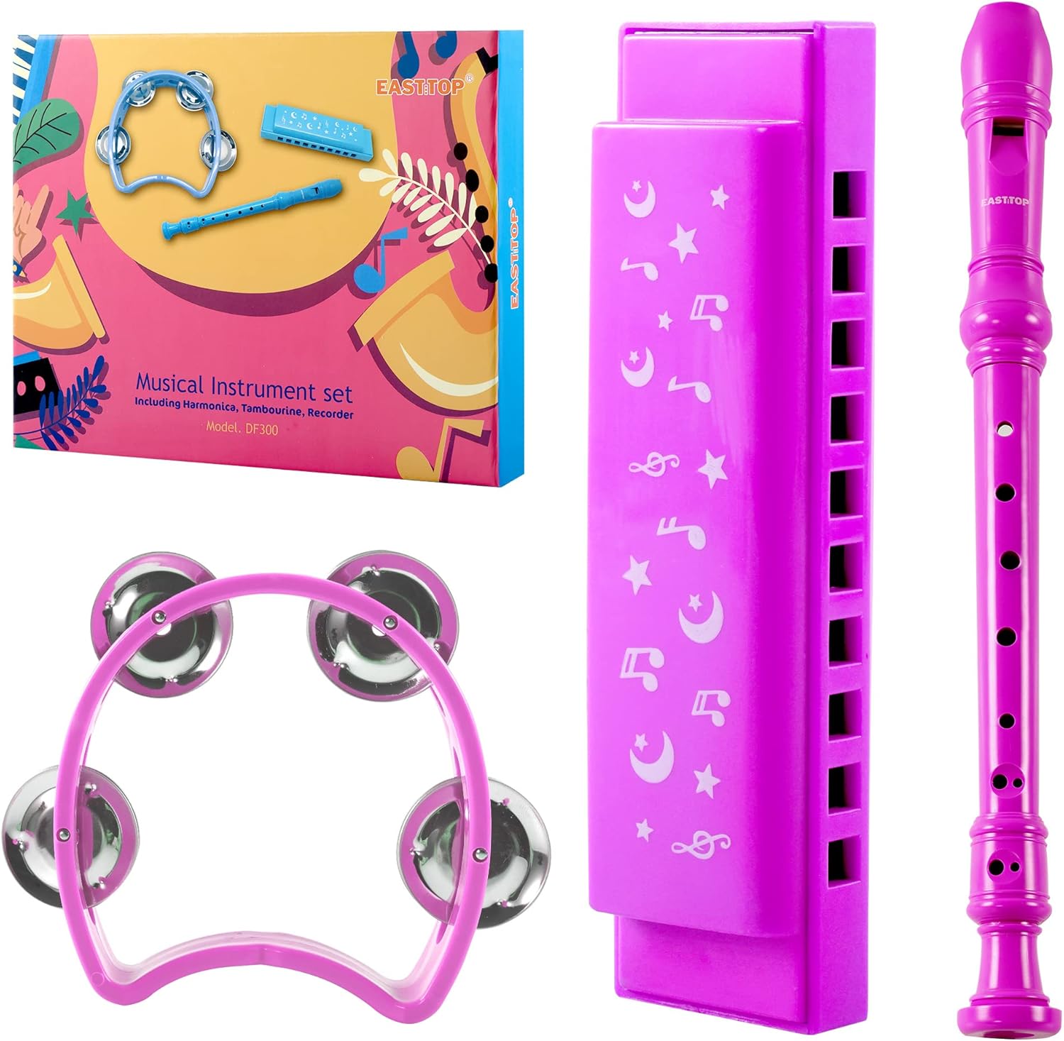 EAST TOP 3Pcs Recorder Musical Instrument Set Including Harmonica,Flute,Tambourine for Kids,Children,Students Playing As Gift, hot Pink