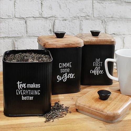 Miniatura 2 de AuldHome Design Recipientes de esmalte negro de granja (juego de 3) recipientes de almacenamiento para café, té y azúcar en esmalte negro y diseño