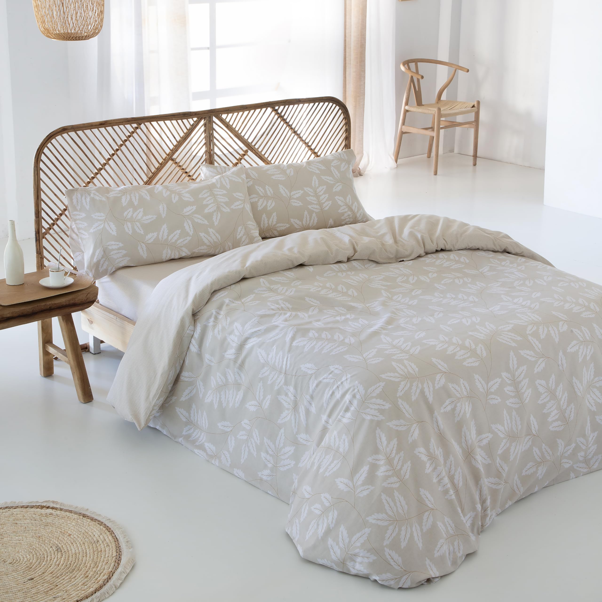 COTTON ARTean Funda nordica Cama 90 ALGODÓN ORGANICO BATAN Beige | Incluye 3 piezas: F. Edredón 150x220 + 1 F. de Almohada+ sábana bajera ajustable Cierre Botones. Certificado OEKO-TEX y GOTS