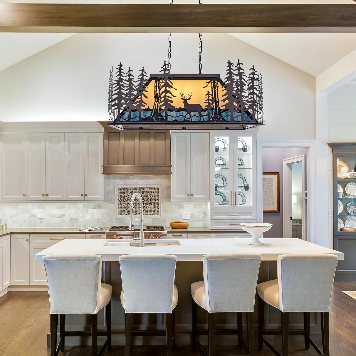 Wellmet Tiffany Pool Table Light, 3 Lights Rustic Deer Chandelier for Kitchen Island Cabin, Billiard Fixture Hanging Pendant Lamp for ' 8' 9' Table, Farmhouse Lighting or Country, Wild West Style