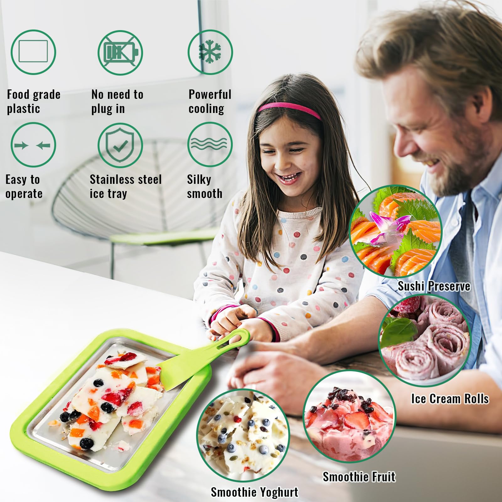 ACTOYS Fabricantes de Helados, Heladera Instantánea con 2 Espátulas, Ice Cream Rolls Maker Machine, Maquina Helado Frito para Sorbete, Yogurt Congelado, Gelato (Verde)