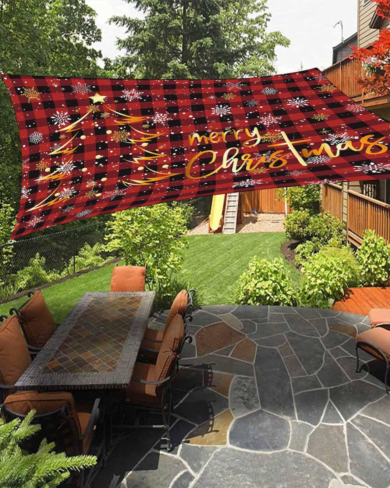 Boanket Sun Shade Sail 14' x 18', Merry Christmas Large Heavy Duty Outdoor Shades Sun Screen, Red Black Checkered Xmas Tree Snowflake Shade Cloth for Patio Deck Terrace Garden Lawns Beach Backyard