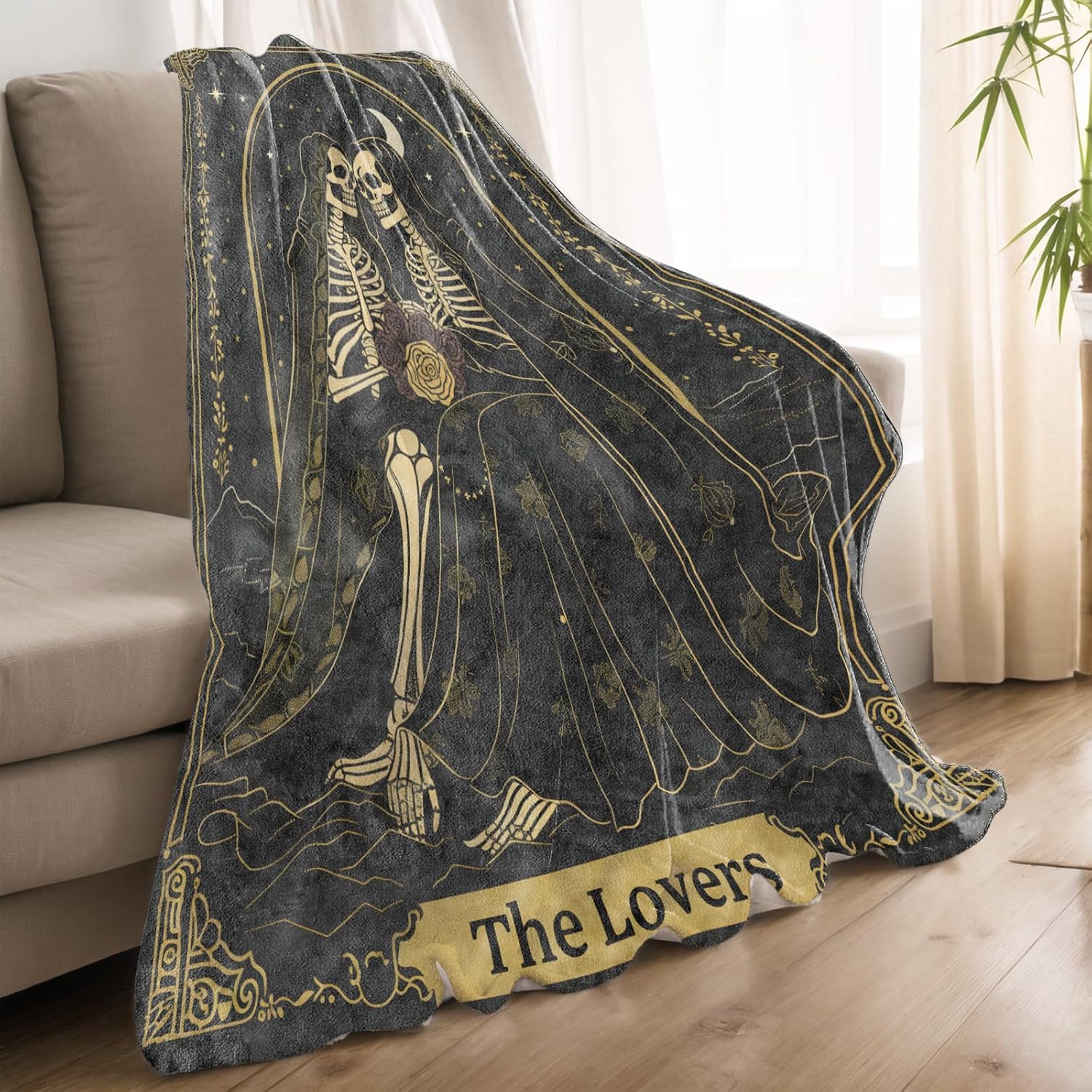 Gothic Skull Blanket Lightweight Blankets Gifts for Women Flannel Throw with Skeleton Couple Holding Rose Under Moonlight Printed for Sofa, Bed, Office, Goth Halloween Decor Throws 60x50 Inch - Image 2