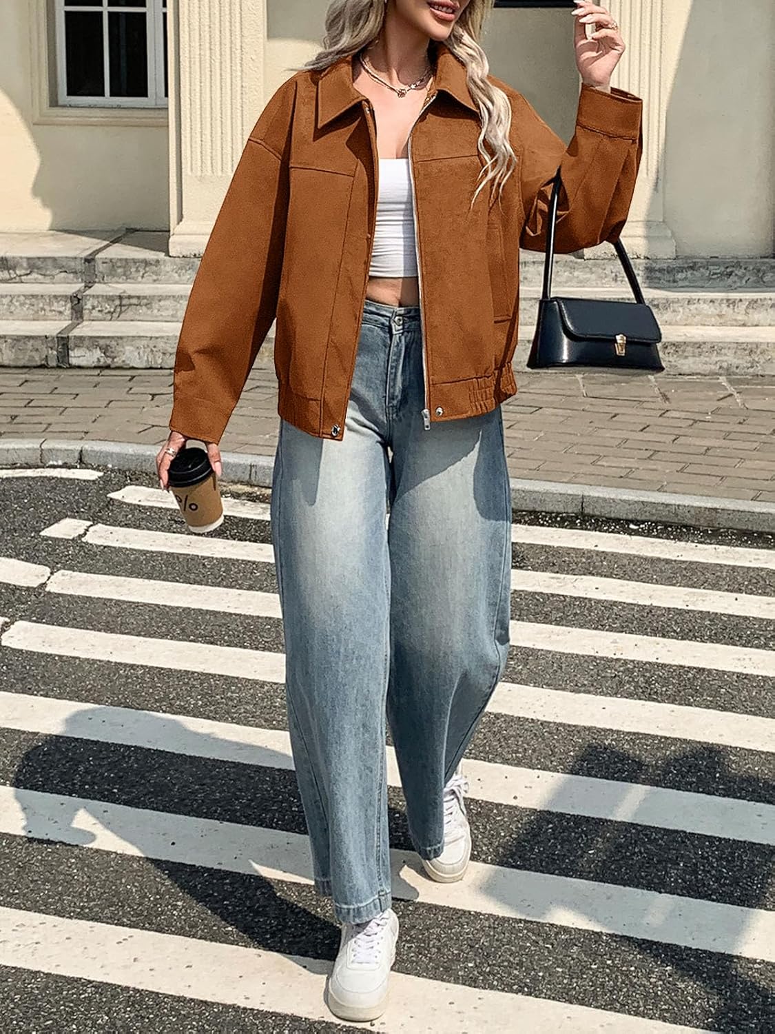 Tankaneo Women's Faux Suede Motorcycle Jackets Oversized Zip Up Bomber Coats Fall Fashion Winter Outerwear - Image 6