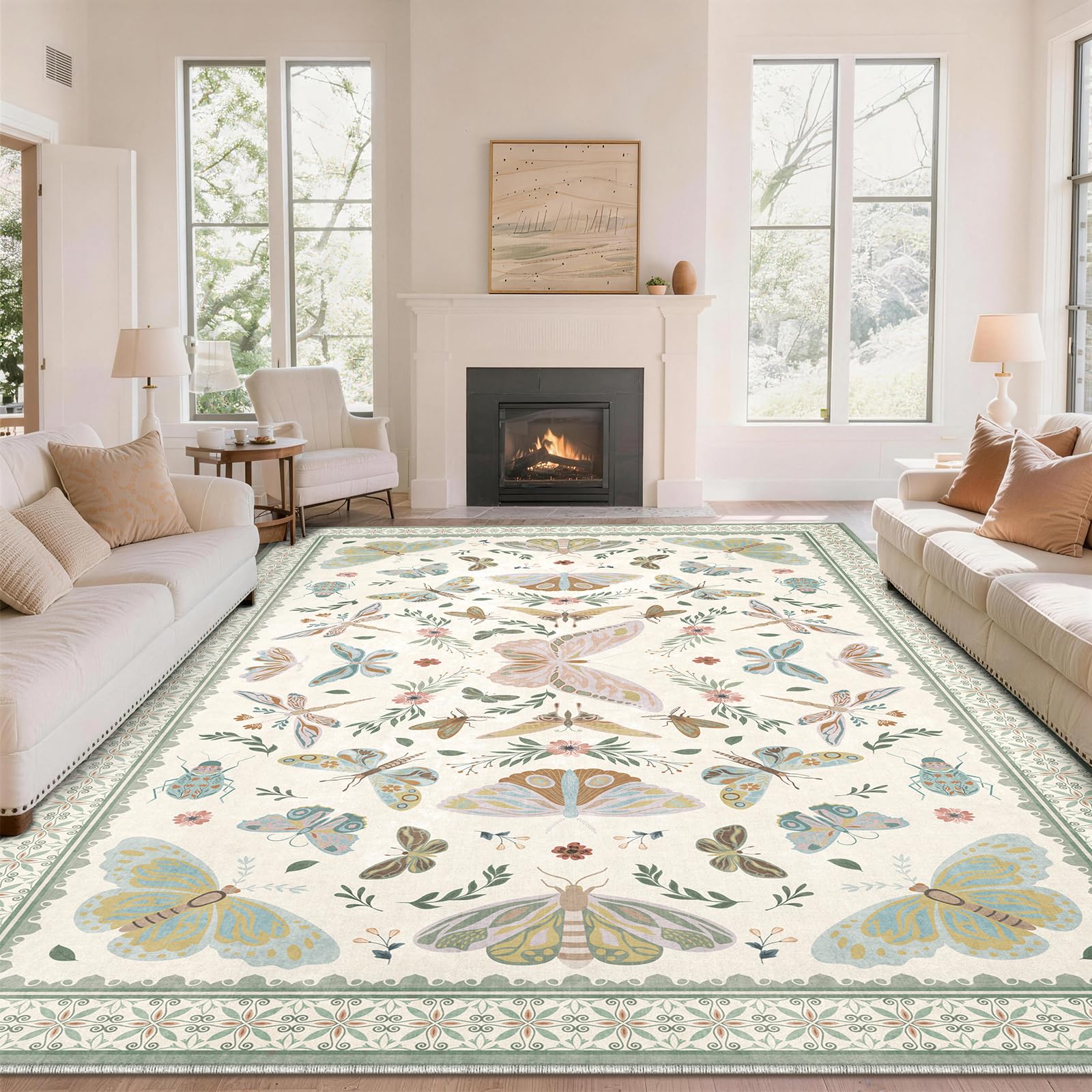 SOANNY Butterfly Rug Living Room, Soft Low Pile Washable Non Slip Area Carpet for Bedroom Kitchen Entryway Beside Sofa Office Dorm, Modern Stain Resistant Mat Floor Decor, 200x290 cm, Ivory Sage