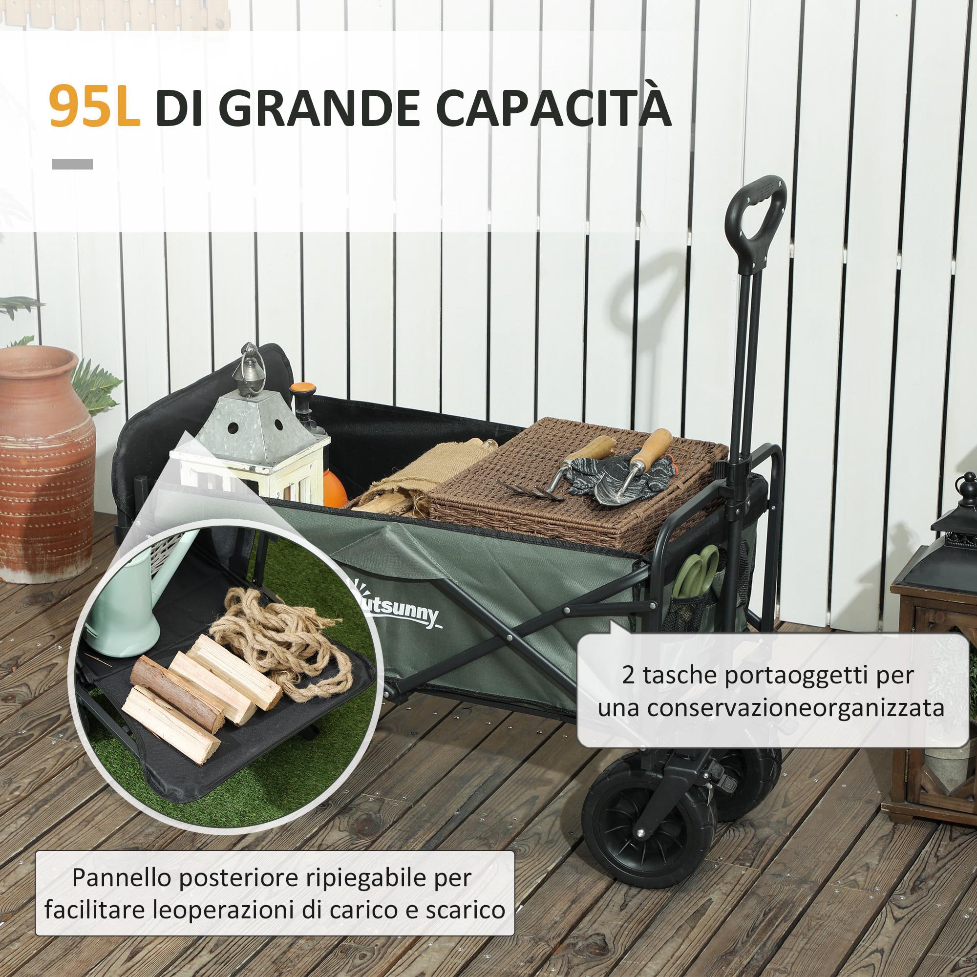 Outsunny Carrello da Giardino da 95L con 4 Ruote Carrello Spiaggia Verde | Pieghevole, Acciaio e Tessuto Oxford, Borsa da Trasporto Lavabile, 2 Tasca Portaoggetti, Maniglia Girevole e Regolabile