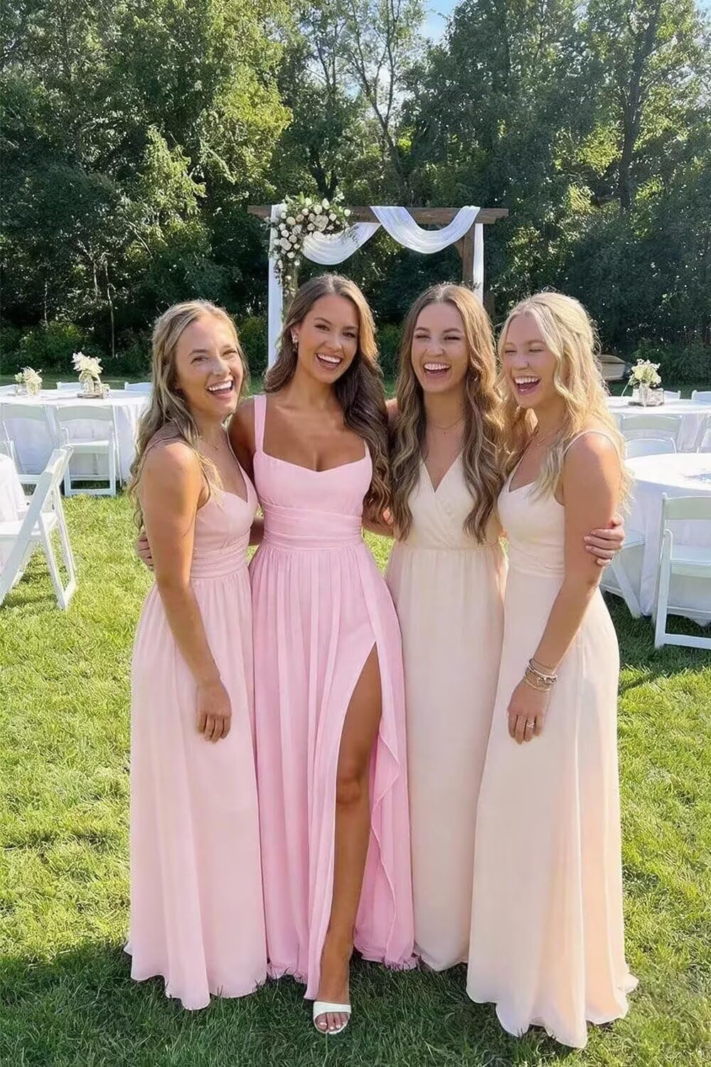 Women's Chiffon Bridesmaid Dresses Long with Slit Spaghetti Strap Pleated Formal Dress ZU097