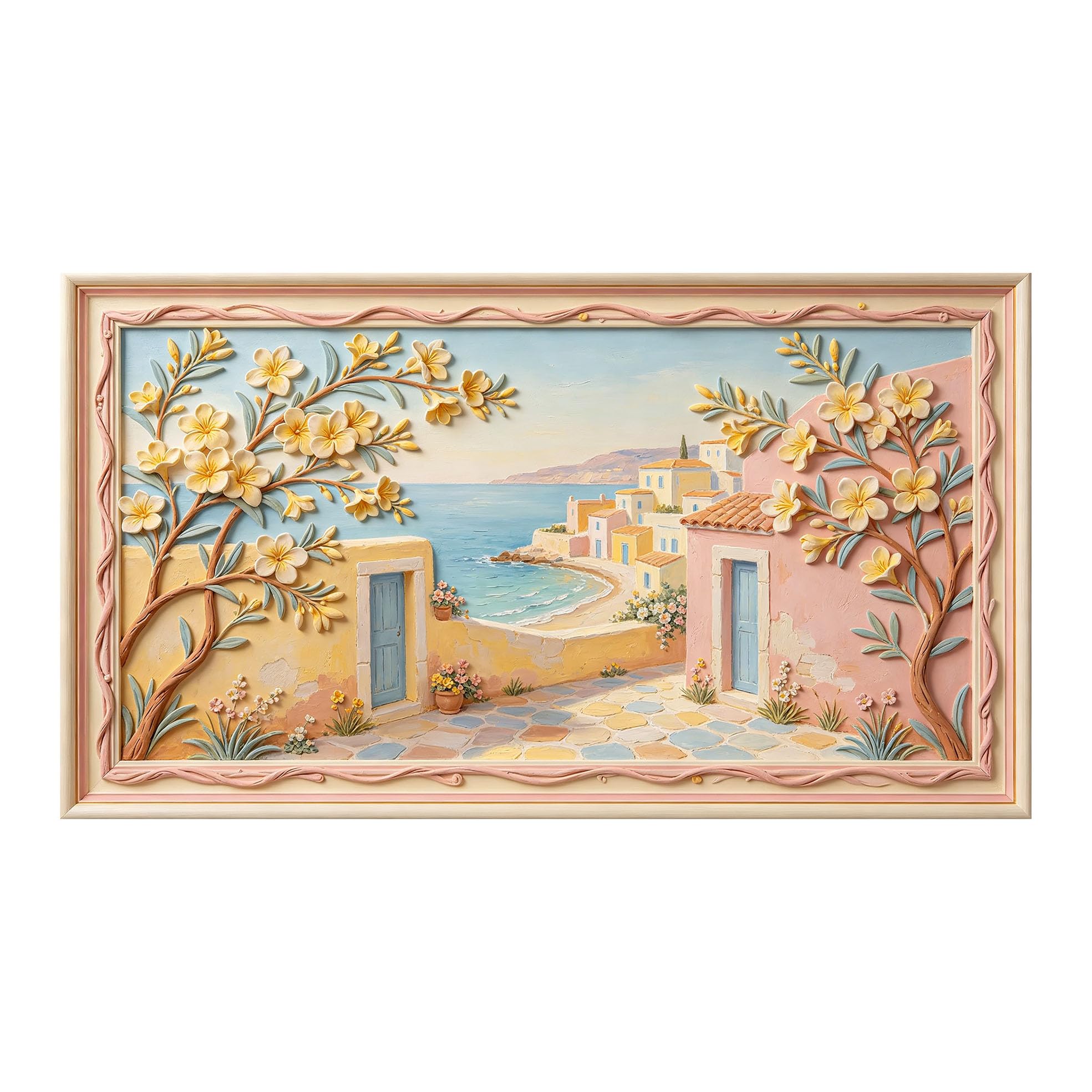 Murasolite 3D Framed Wall Art Mediterranean Coastal Village Floral Relief Oil Painting SelfAdhesive Fabric Mural Wall Decor,No Damage to Wall,AntiFall Safe Design for Bedroom Living Room
