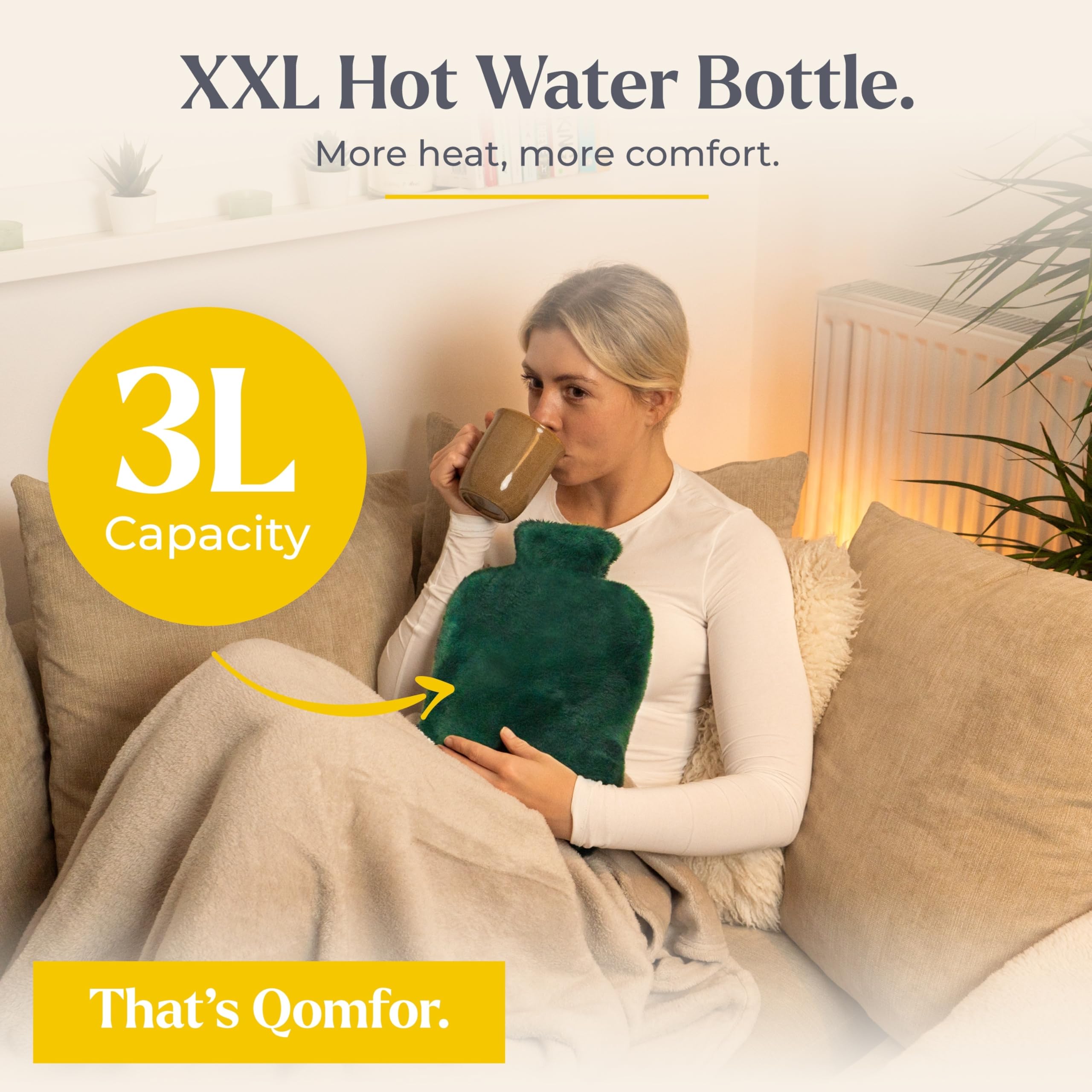 Qomfor XXL Large Hot Water Bottle with Faux Fur Cover – Cozy 3L Hot Water Bottle for Bed Warming, Pain Relief, Cramps & Back Pain – Durable, Safe, & Long-Lasting Water Hot Bottle for Sleeping (Green)