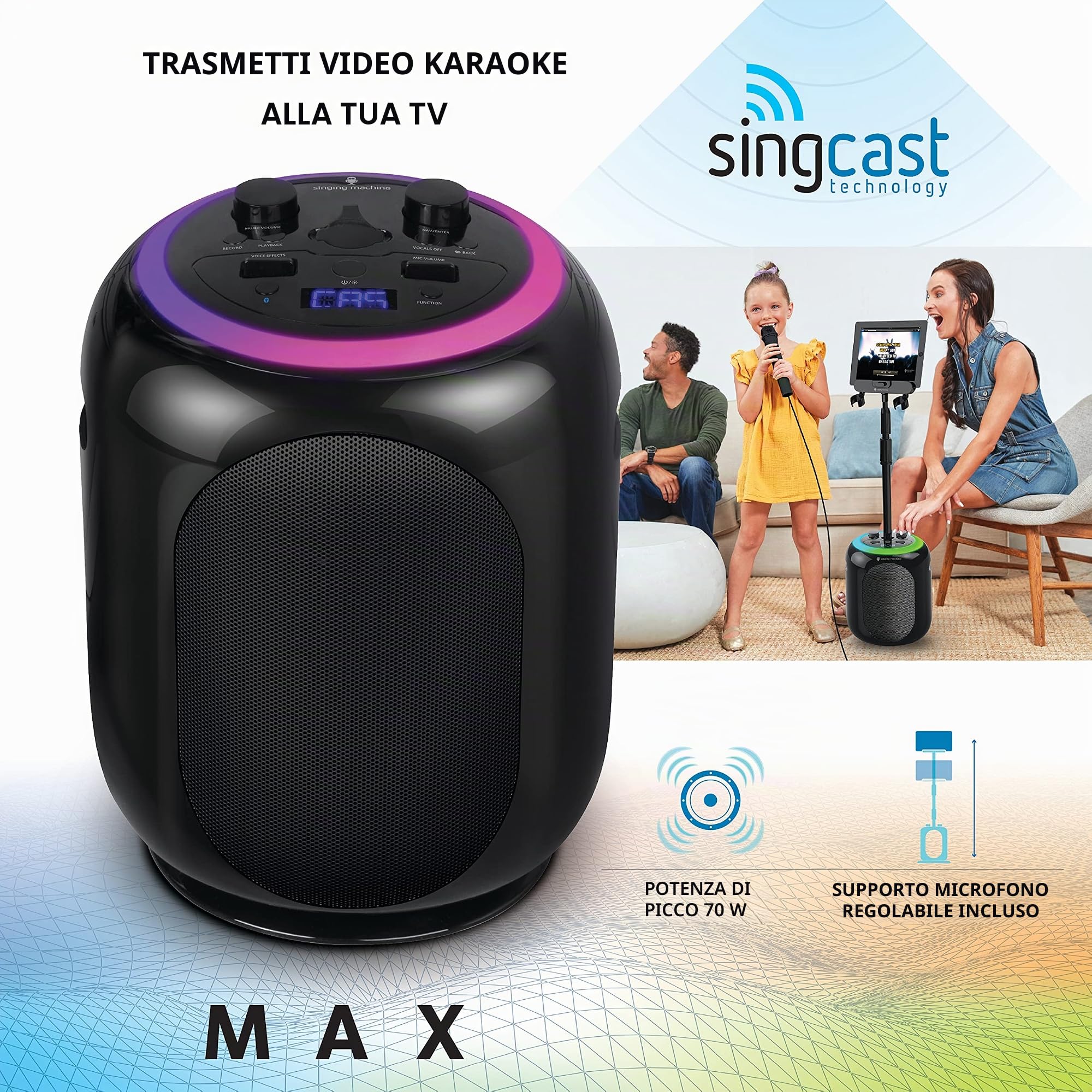 Singing Machine SMC2035 Sing Cast Max Karaoke System con tecnologia Casting, 22 effetti vocali e correzione del tono
