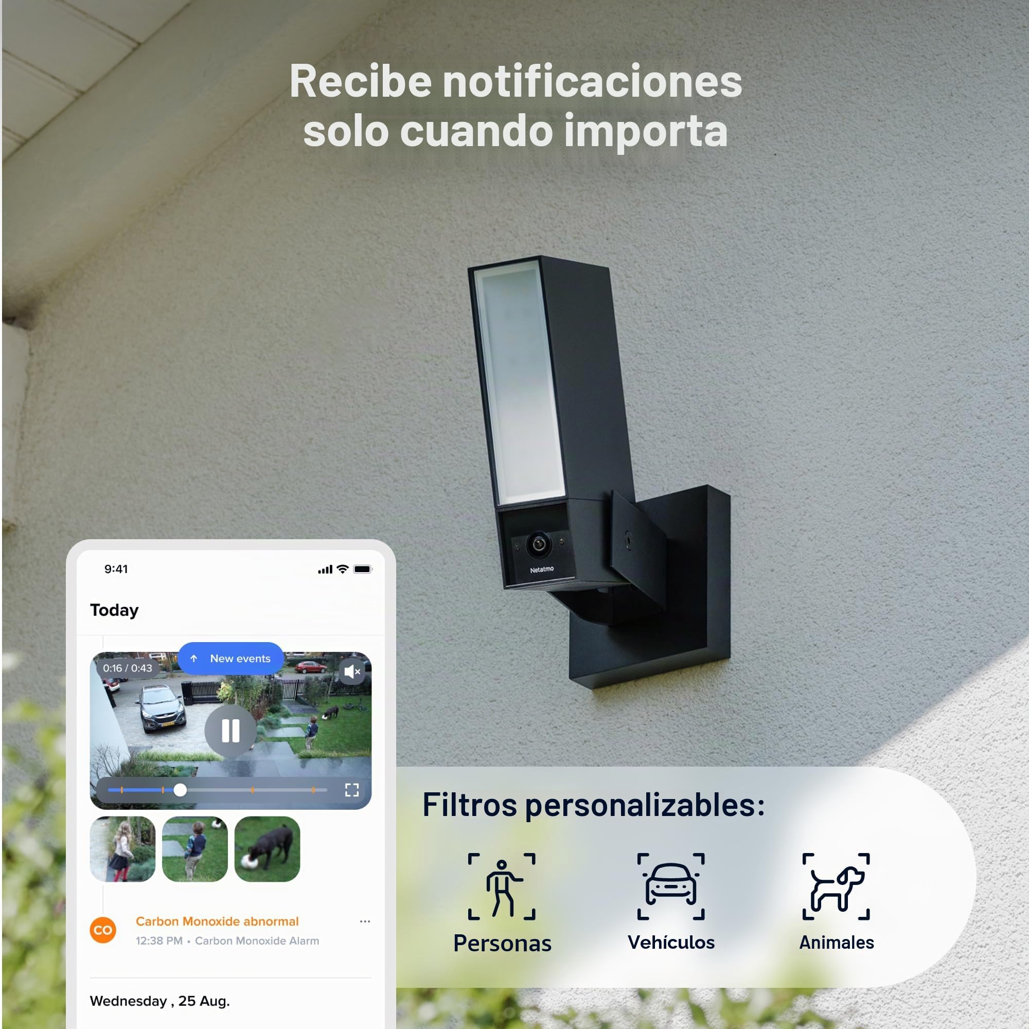 NETATMO Cámara de Vigilancia Exterior. WiFi 5 GHz, 2K HDR, Detección IA Personas/Vehículos/Animales, Proyector LED 12 W, Sirena Integrada 105 dB, Almacenamiento Local, Sin suscripción, Negra﻿, NOC-2-A