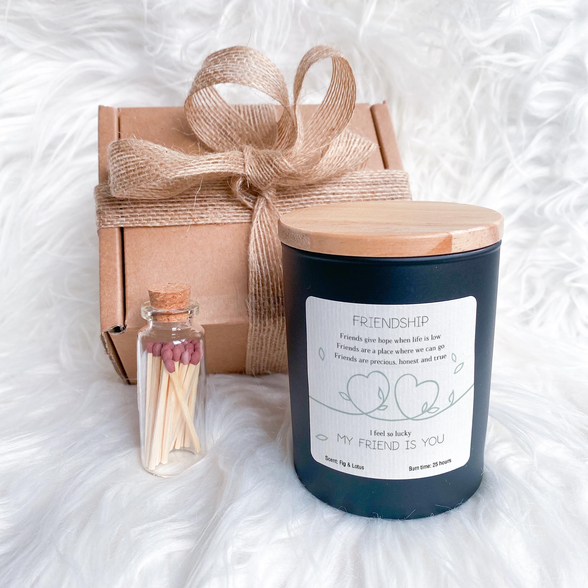 Pomchick - Friendship Cedarwood & Jasmine Scented Candle Gift Set, 25 Hour Burn Time, with Matches, Black Glass Jar with Wooden Lid, I Feel So Lucky My Friend Is You Best friend (Black)