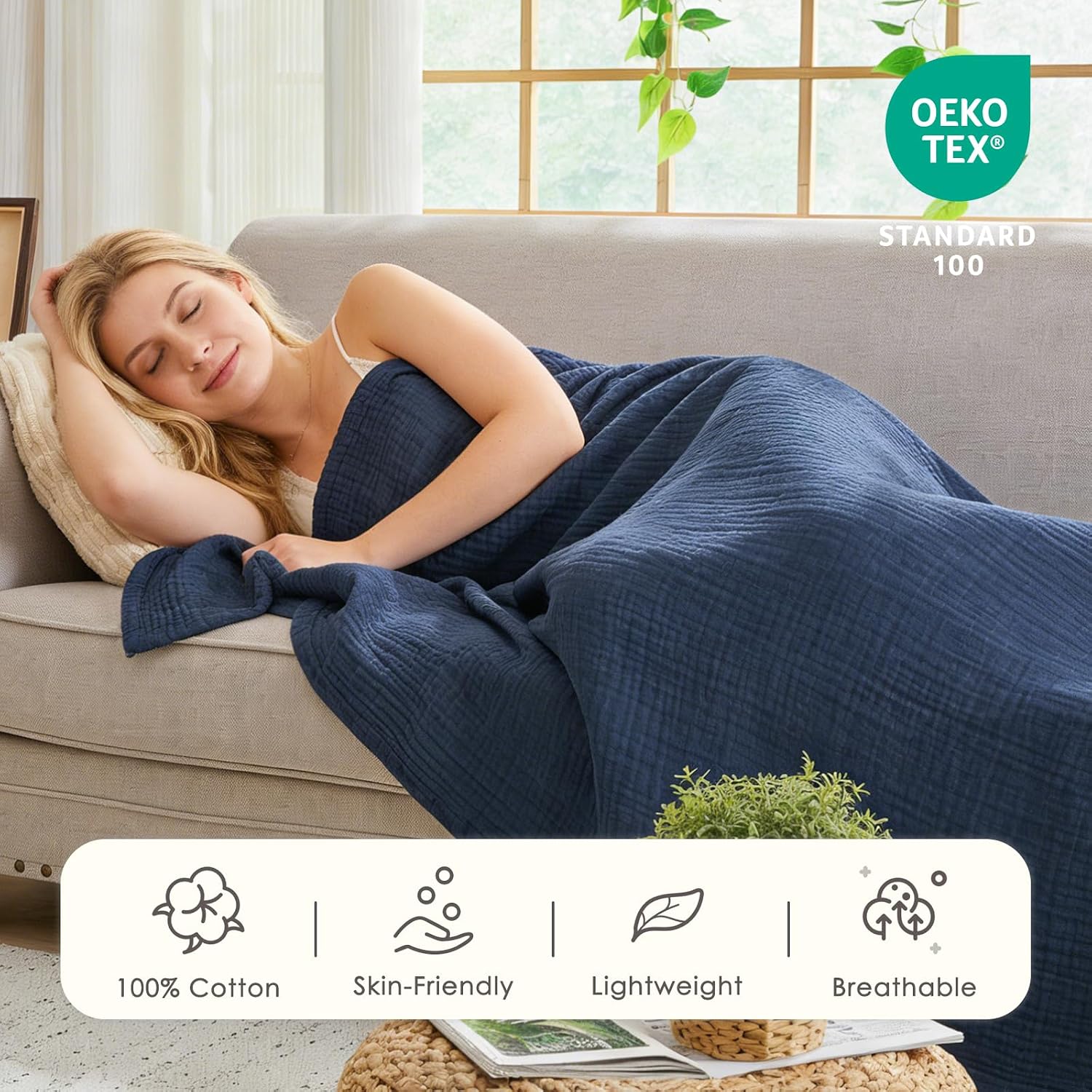  Muslin Blankets for Adults Navy Small Blanket 40" x 50" | Throw Blanket for Couch Breathable Gauze Soft Lightweight Airy Light thumbnail