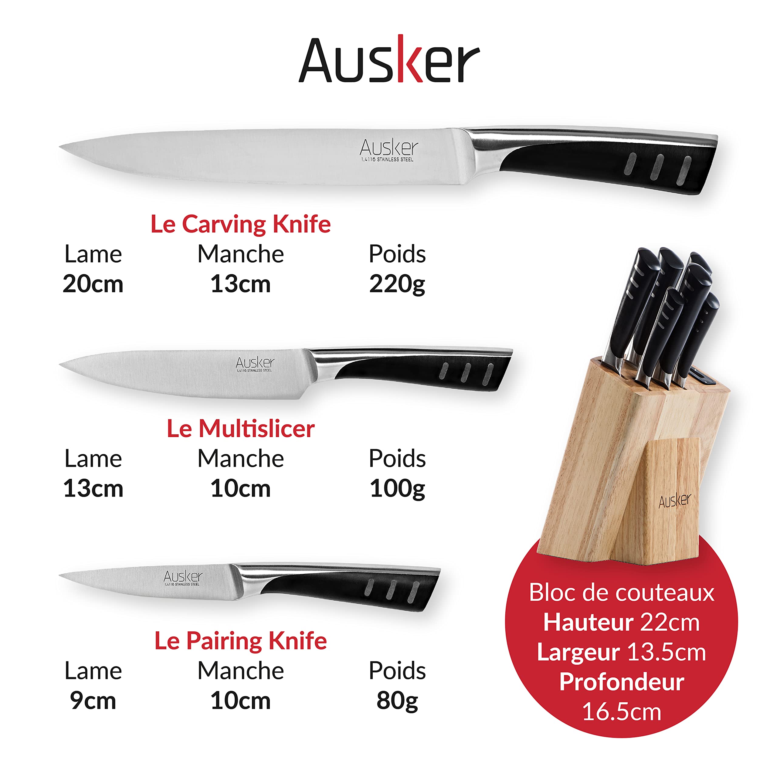 Bloc de Couteaux avec jeu de Couteaux en Acier Inoxydable, Couteau de Chef, Santoku, d'Office, Multifonctions, à Pain et à Viande avec Aiguiseur - Set de 6