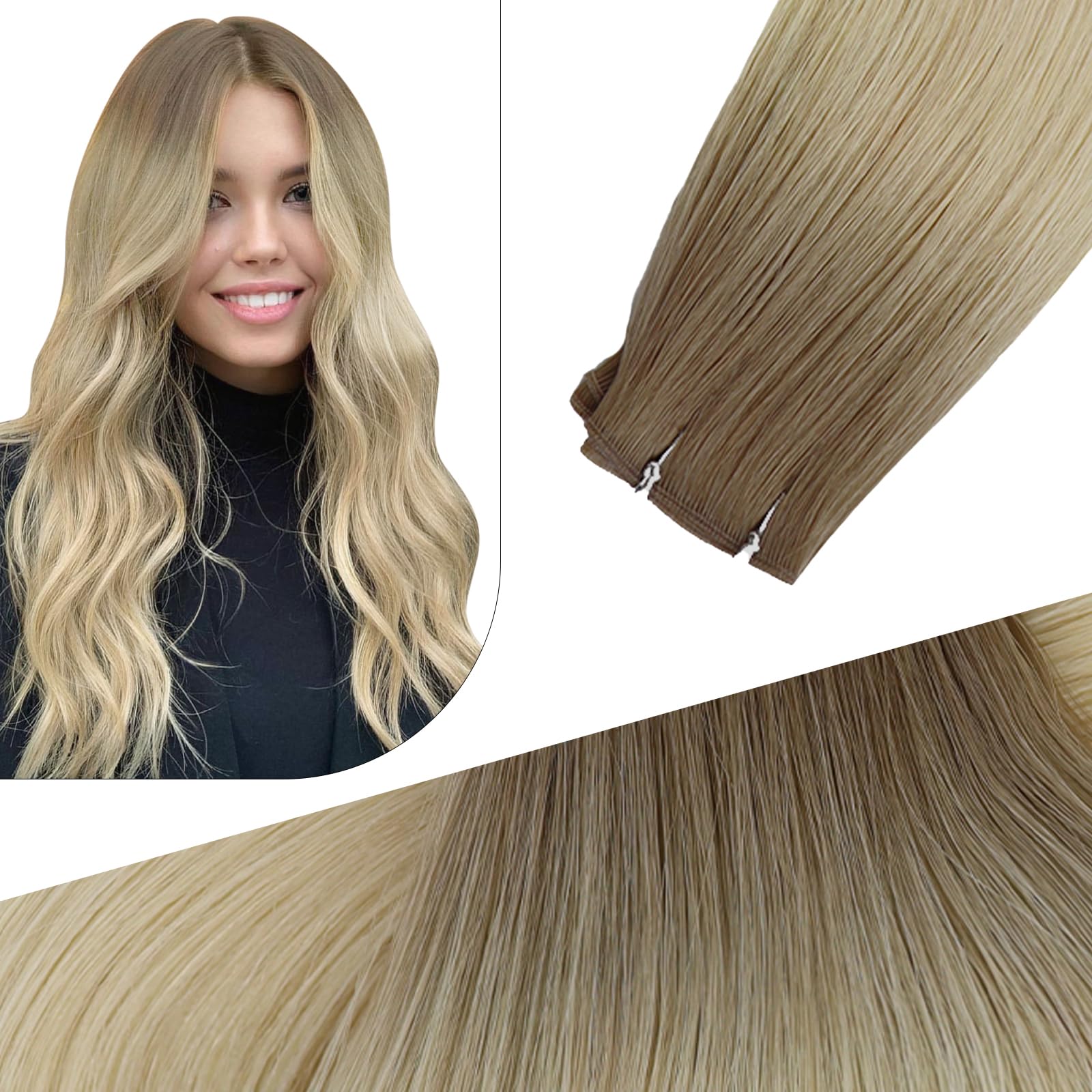Fshine Jungfräuliche Haarverlängerungen Tressen Extensions Echthaar 40 cm 25 g Genius Sew in Weft Extensions Echthaar Hellbraun bis Blond Farbe R8-T60