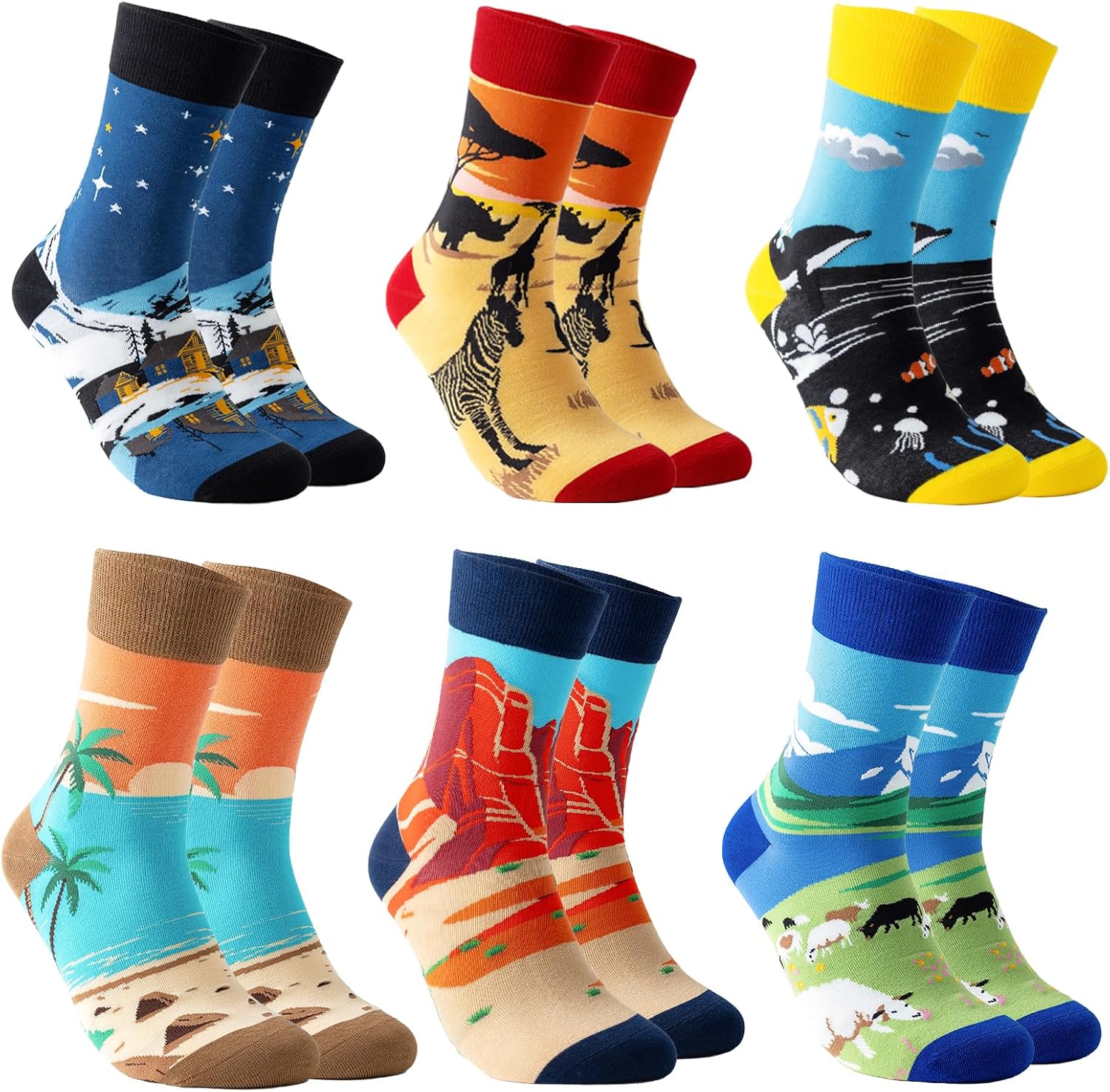 6 Pairs Men's Funny Novelty Crew Socks,Pattern Crazy Cool funky Socks Cotton Socks for Christmas Gifts