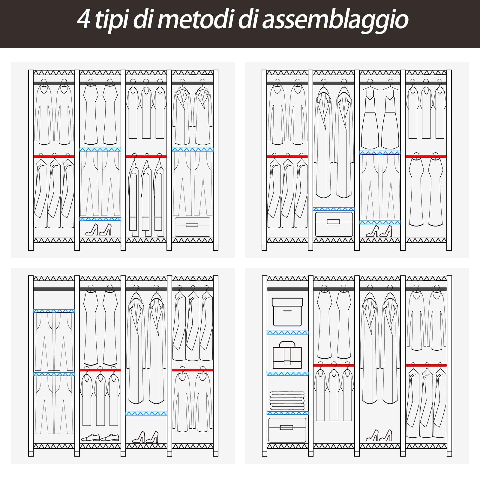 AQRA Stand Appendiabiti in Metallo, Altezza Del Ripiano Regolabile, Grande Capacità Guardaroba, 4 Metodi di Assemblaggio, per Appendere i Vestiti, Riporre i Vestiti, 193,5W×43,5D×195H (Nero)