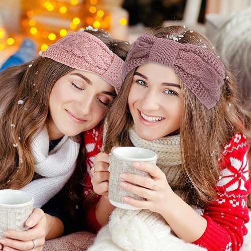 Miniatura 37 de Whaline Paquete de 4 diademas de punto trenzado, para invierno, anudadas, con forro mullido, turbante grueso de ganchillo, calentador de orejas