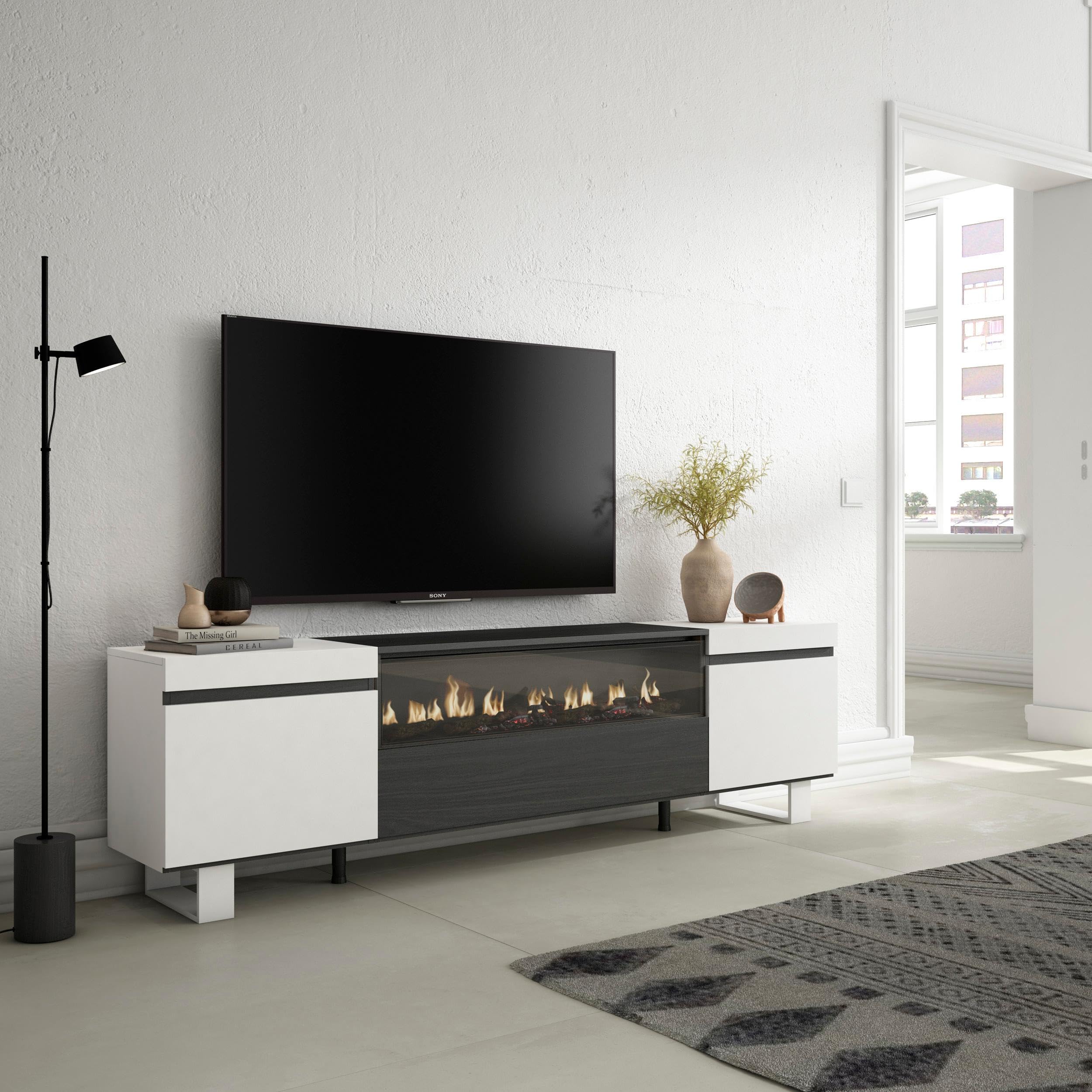 Skraut Home | Mueble TV | Televisión | Muebles de salón, almacenaje | 200x57x35cm | para TV hasta 80" | Chimenea eléctrica | Diseño Industrial | Estilo Moderno | Blanco y Negro