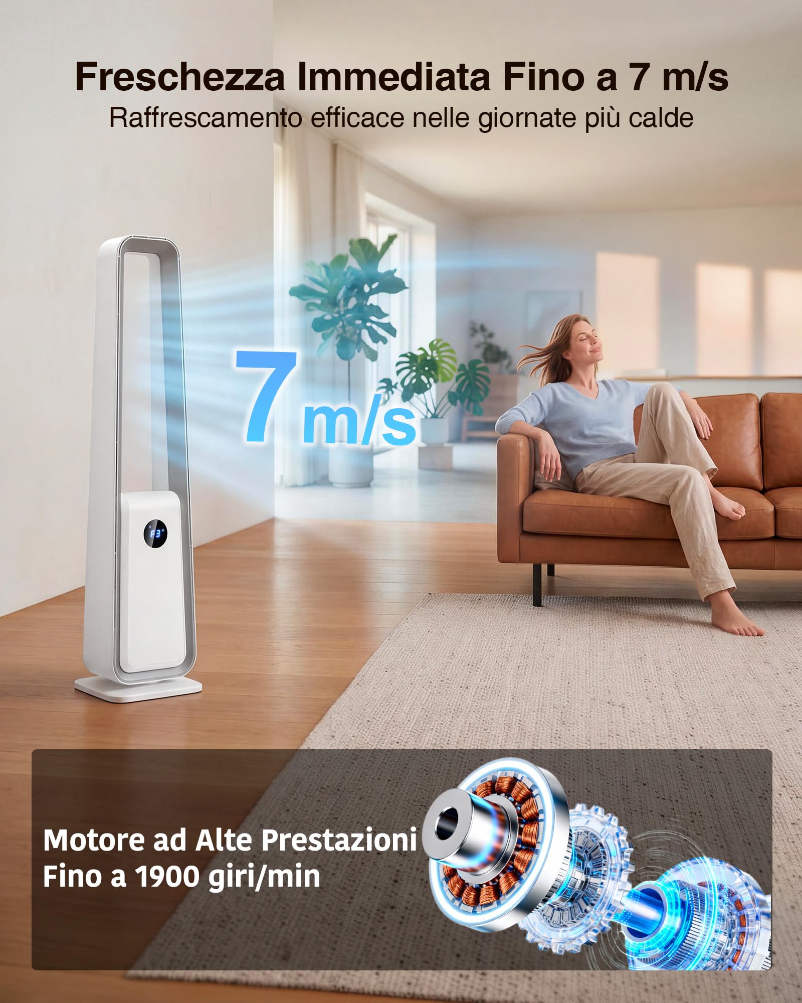 Ventilatore a Torre Senza Pale: Ventilatore a Colonna Silenzioso con Telecomando Oscillazione 75° Timer 12H 3 Modalità Purificatore d'Aria per Camera da Letto Soggiorno Ufficio Bambini Animali