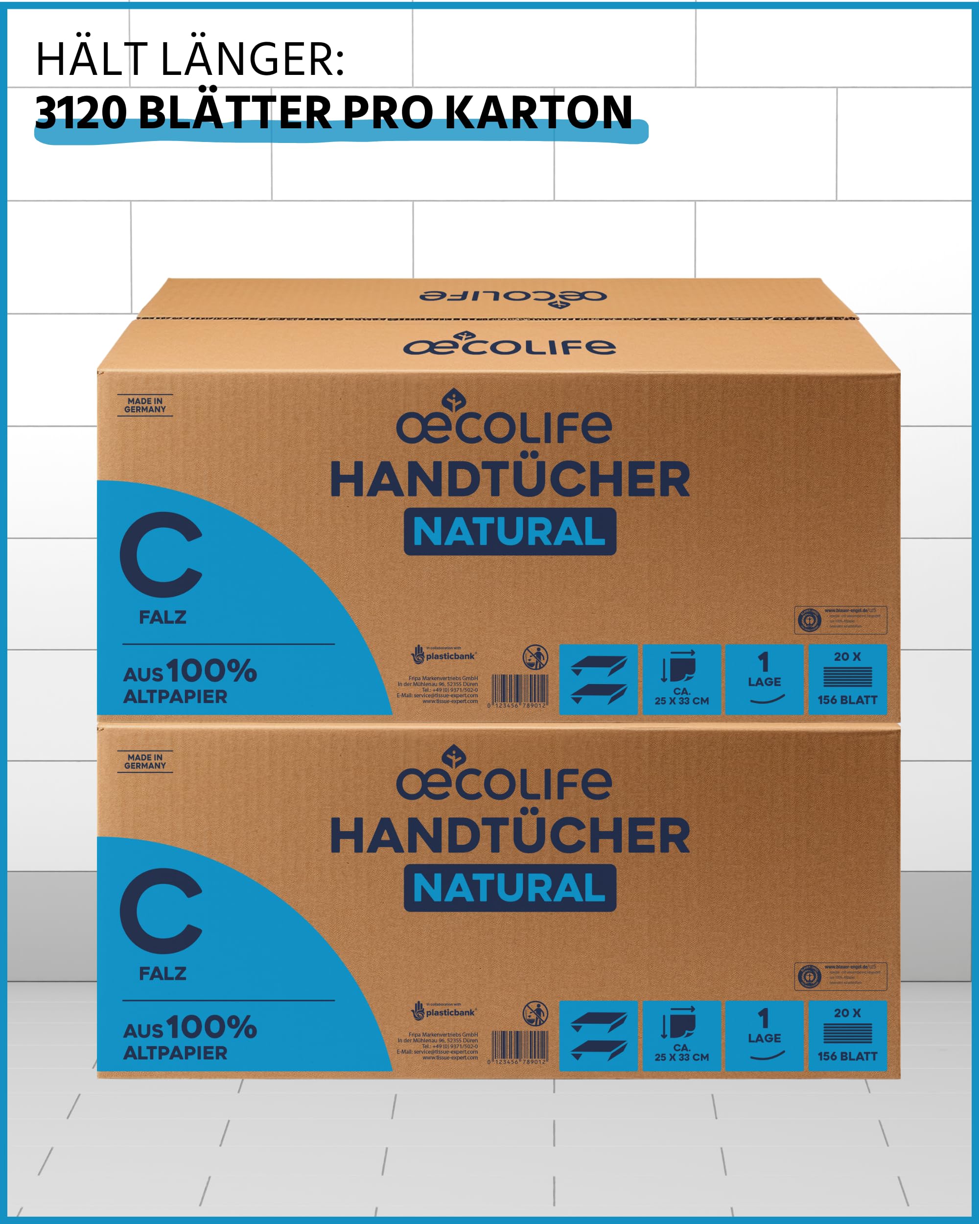 œcolife Handtücher Natural C-Falz, 3120 Blatt, 25x33cm, 1-lagig, Recyclingpapier, Falthandtücher, für Spender geeignet, weich und saugstark