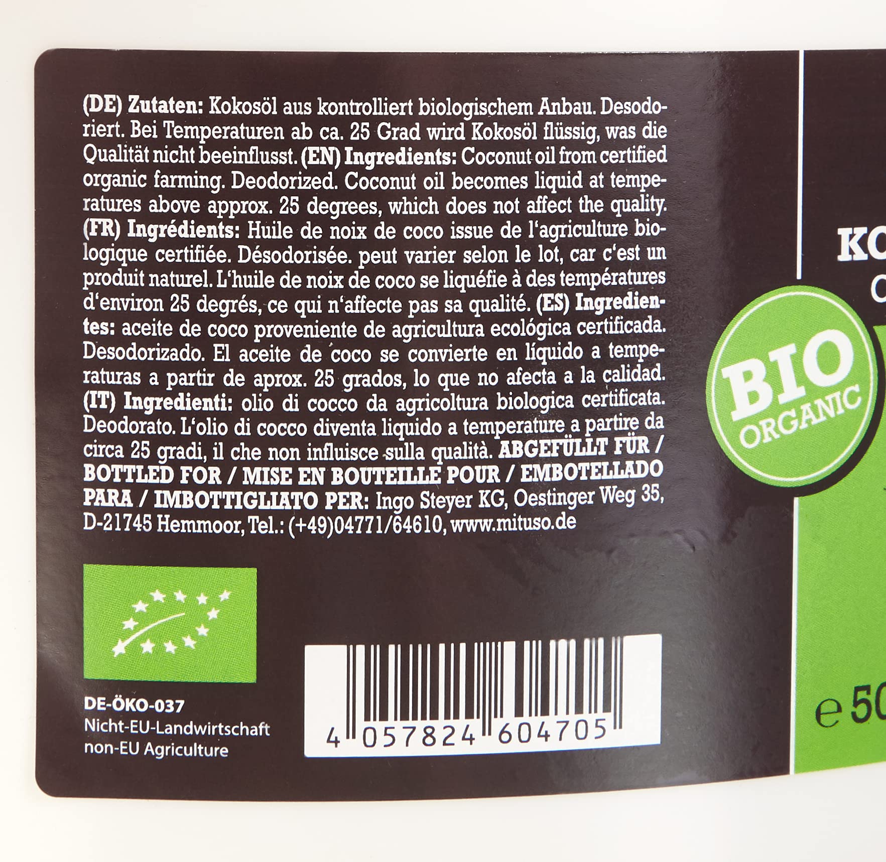 mituso - aceite de coco orgánico mituso, insípido (desodorizado), 1 paquete (1 x 5000 ml) en un práctico cubo