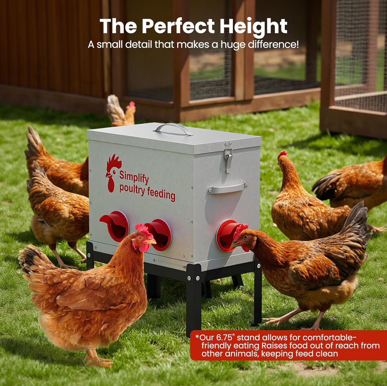 40 lb Large Automatic Chicken Feeder with 6 No-Waste Ports – Outdoor Metal Chicken Feeders with Adjustable Stand, Rodent-Resistant Design & Riveted Handles for Chickens, Ducks & Poultry