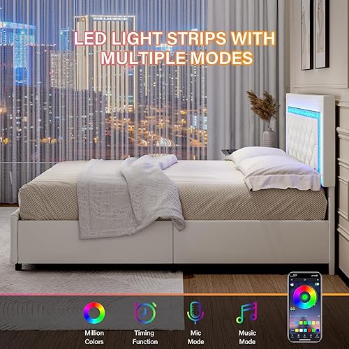 Miniatura 5 de Base de cama de tamaño matrimonial con luces LED, base de cama tapizado con cajones de almacenamiento, cama de plataforma princesa con cabecera y
