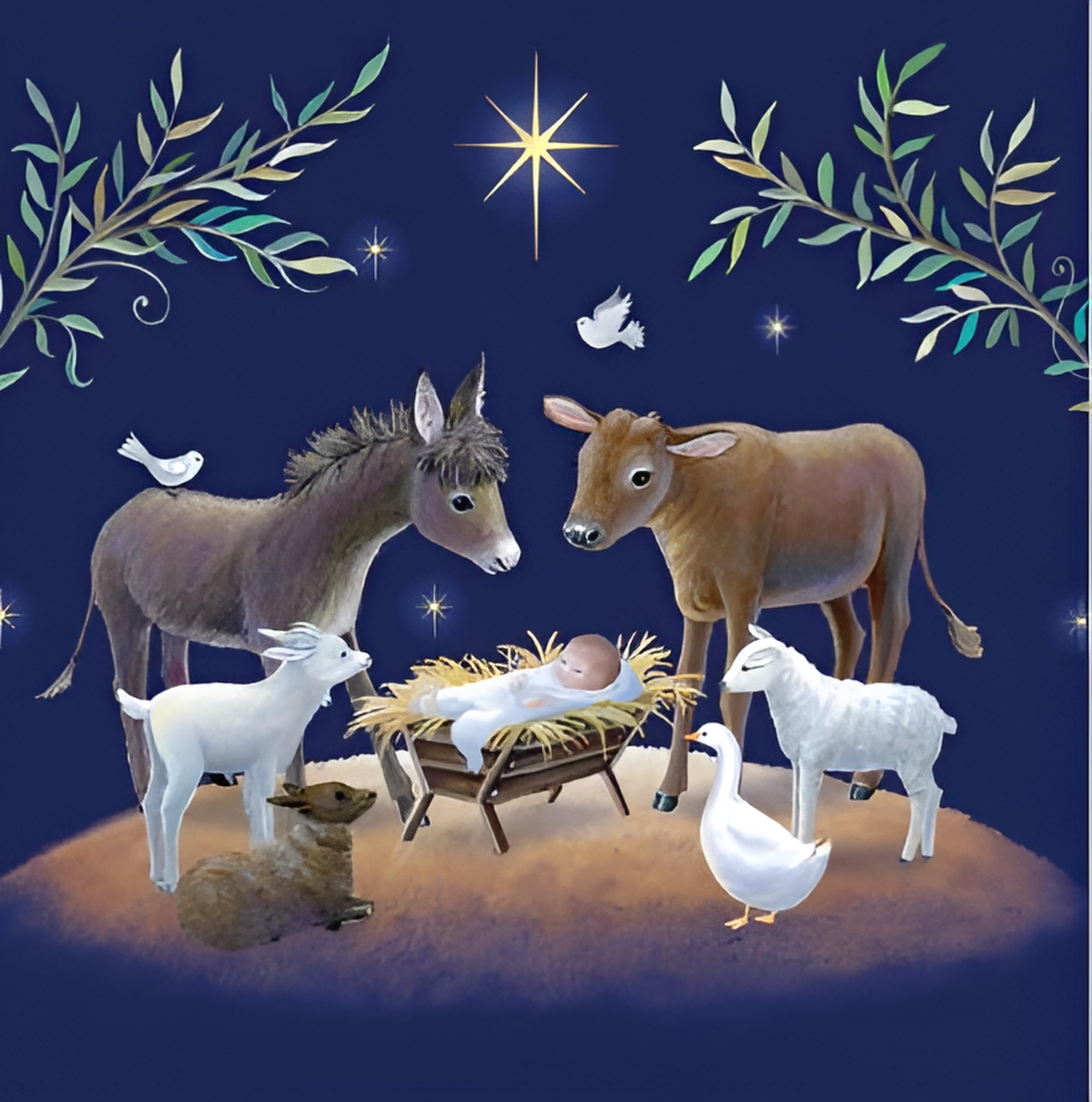 Noel Tatt Charity Christmas Cards Pack of 10, Charity Christmas Cards with Artistic Animals in a Manger Design