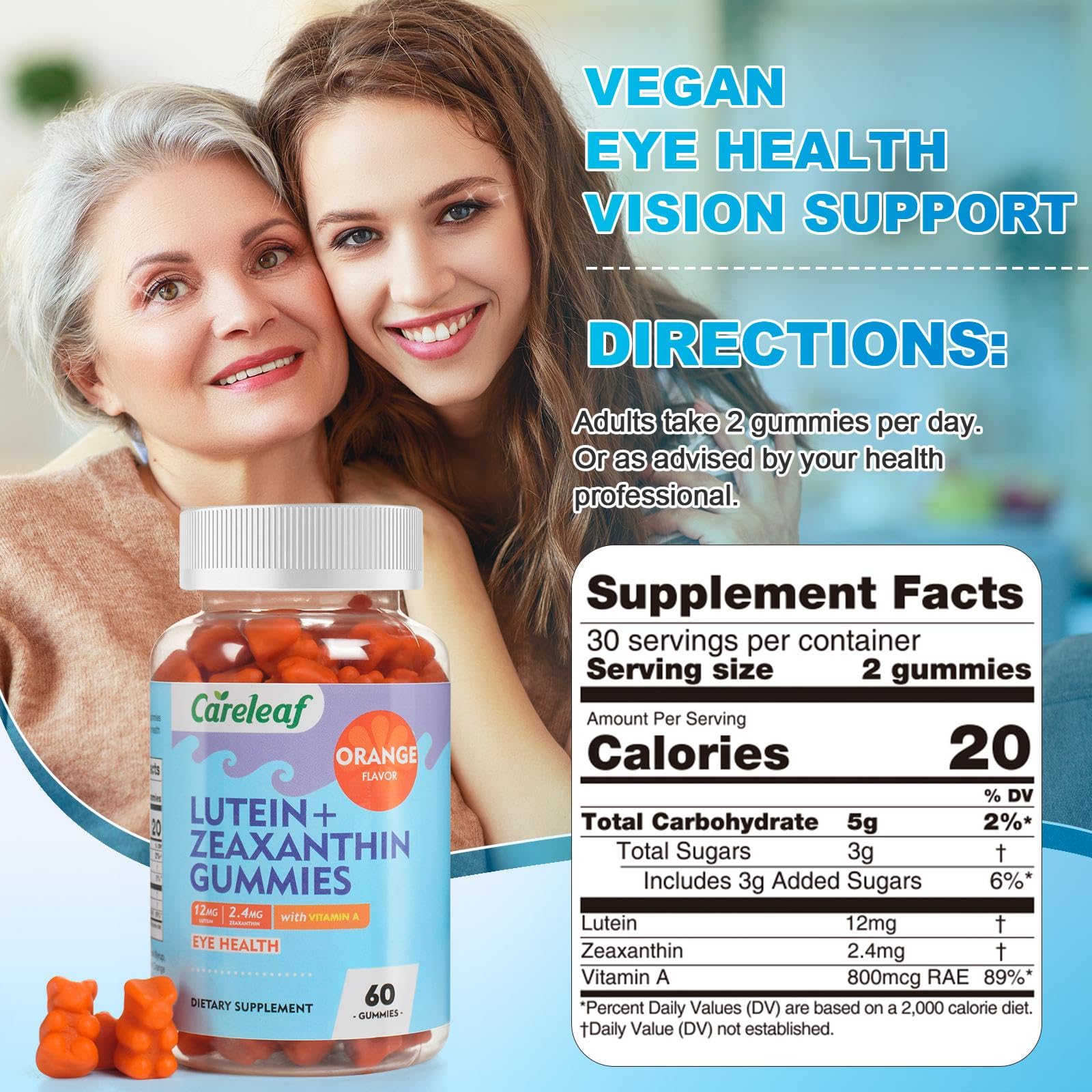 Vegan Lutein and Zeaxanthin Supplements, Lutein for Eyes with Zeaxanthin & Vitamin A,Lutein Gummies for Dry Eye Relief & Clear Vision,Eye Vitamins for Seniors & Kid,Orange Flavor,60 Gummies — Amazon image 2