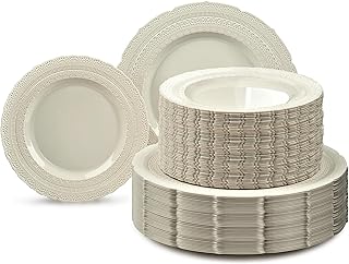 " OCCASIONS " 240 Plates Pack,(120 Guests) Extra Heavyweight Vintage Wedding Disposable/Reusable Plastic Plates 120x 11'' Dinner + 120 x 8.25'' Salad/Dessert Plate (Chateau Ivory)