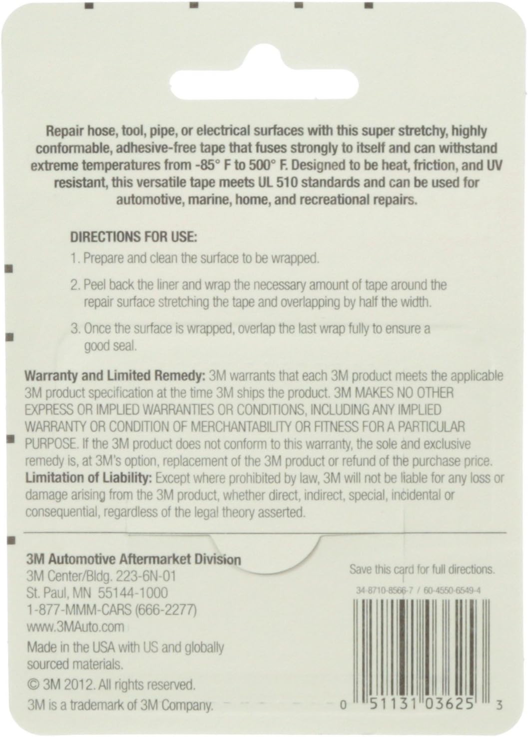 Back of 3M Silicone Tape packaging with directions