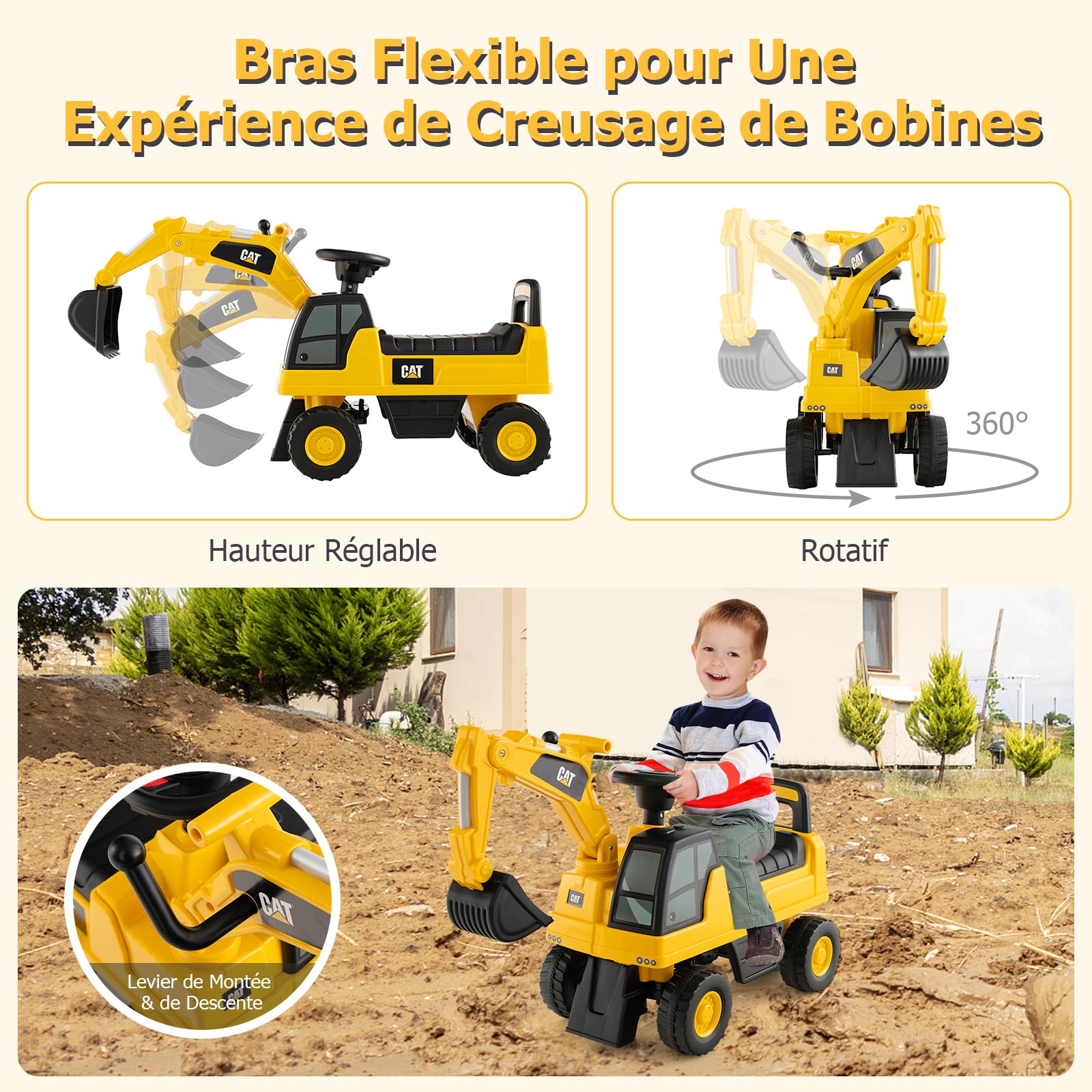GOPLUS - Excavador para niños con brazo de ángulo ajustable, pala con bocina simulada, juguete de tractopala con espacio de almacenamiento, adecuado para niños de 1 a 3 años, amarillo + negro