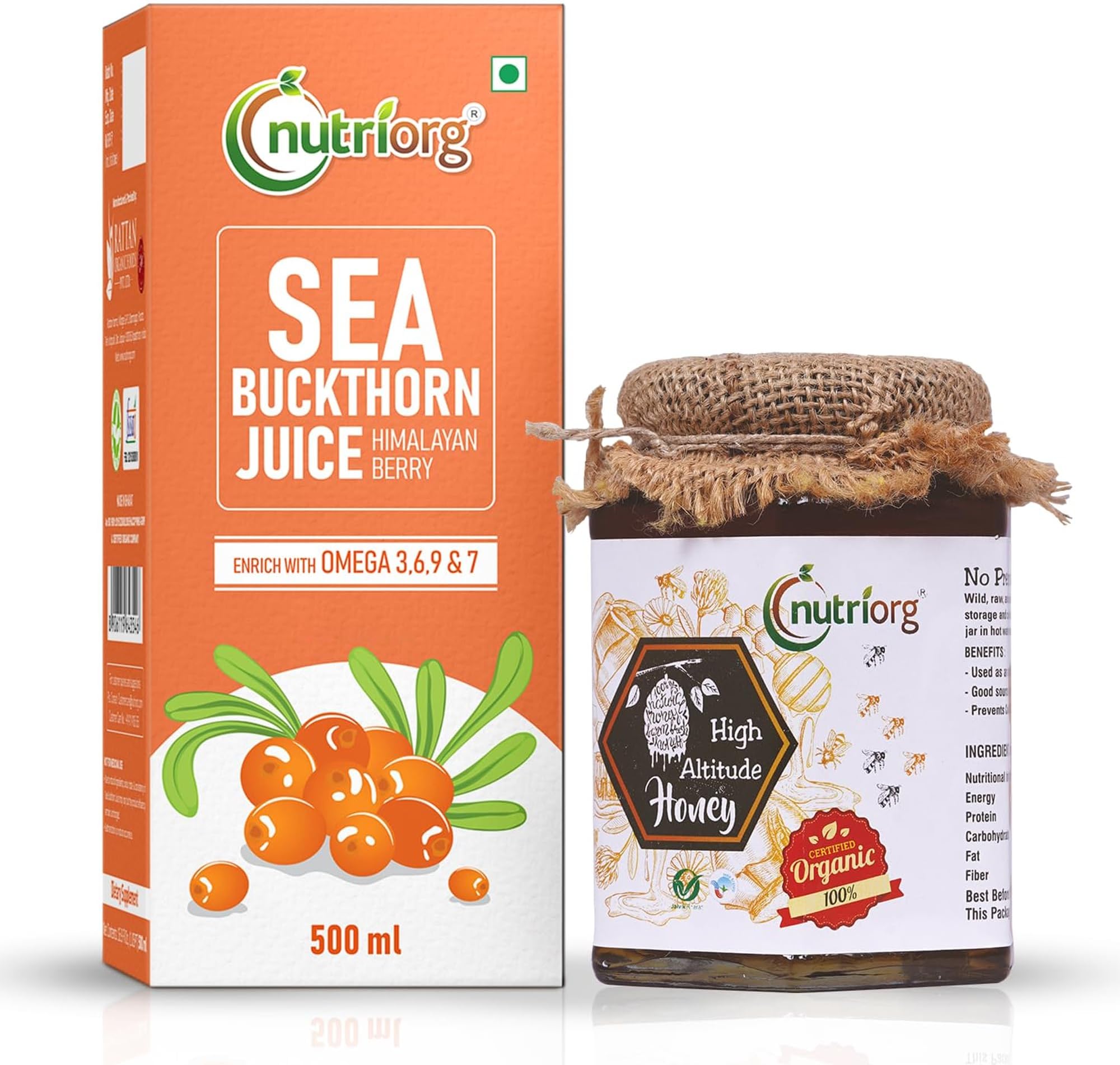Nutriorg Seabuckthorn Juice 500Ml & Organic High Altitude Honey 500G | Energy Booster | Good for Skin