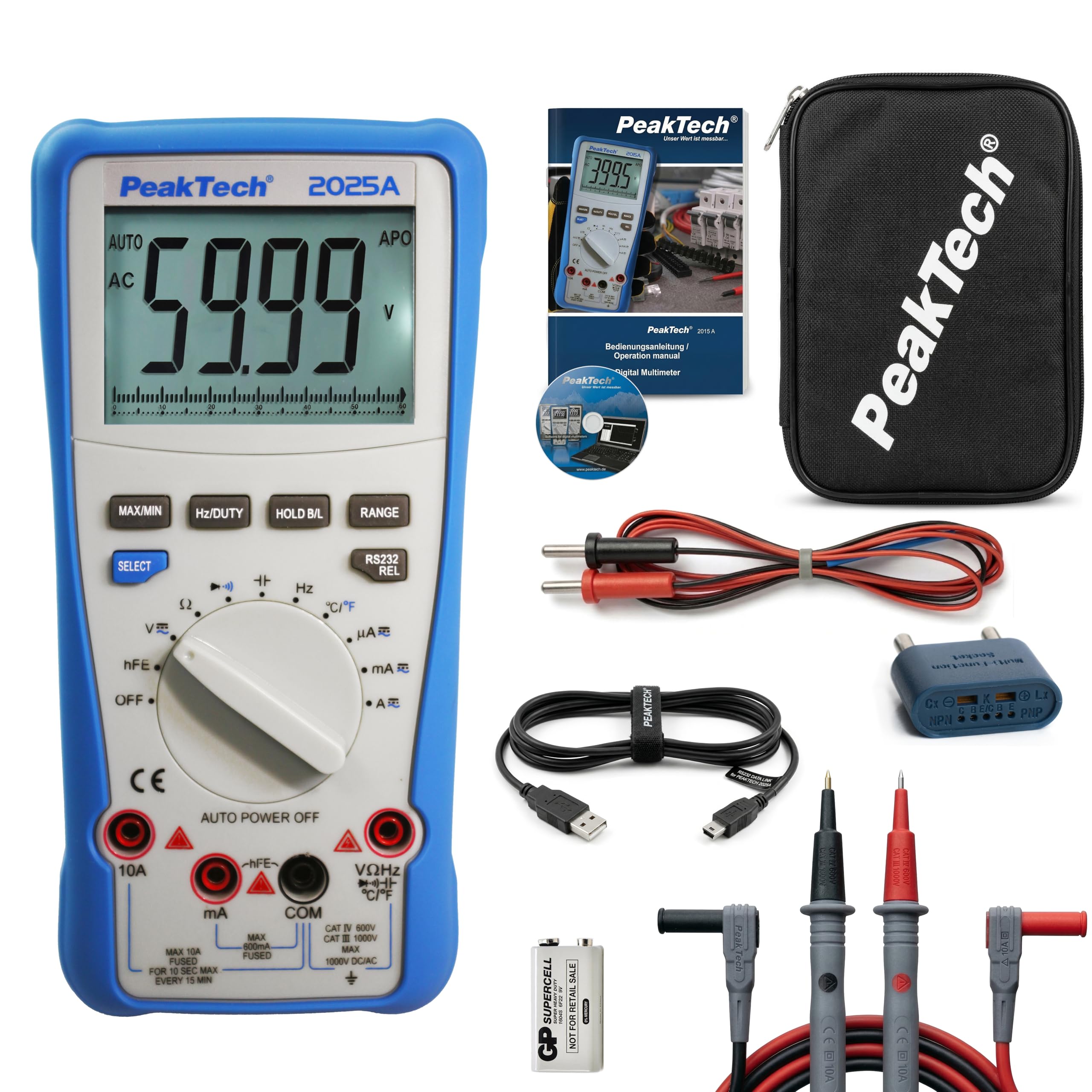 PeakTech® P 2025 A Multimetro digitale a vero valore efficace ~ 6.000 conteggi ~ 1000V AC/DC ~ 10A AC/DC ~ Auto-Range
