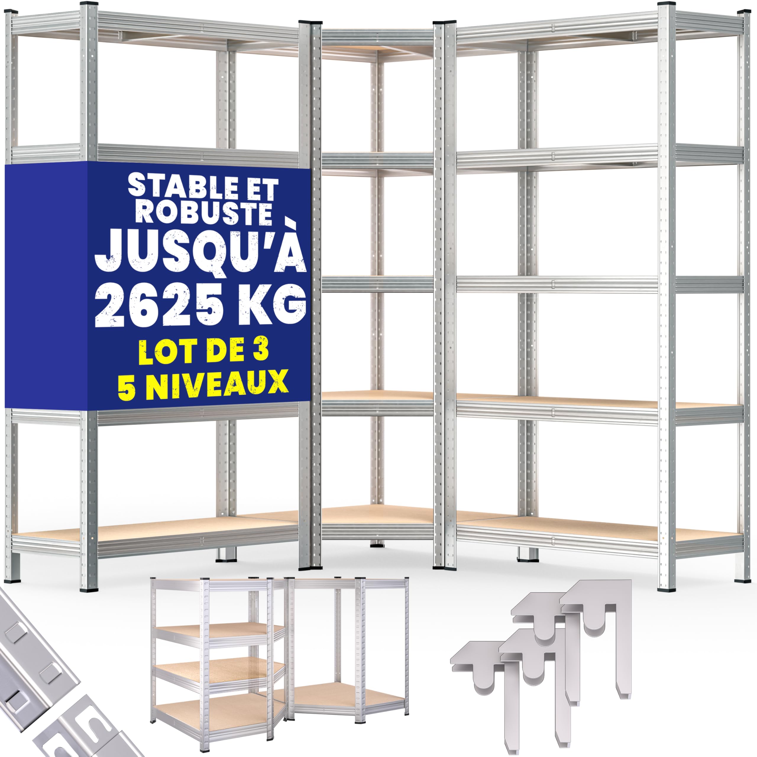 Monzana® Set de 3 étagères Charge Lourde 5 Niveaux Étagère métallique modulable 2625kg Étagère d'angle Garage Atelier