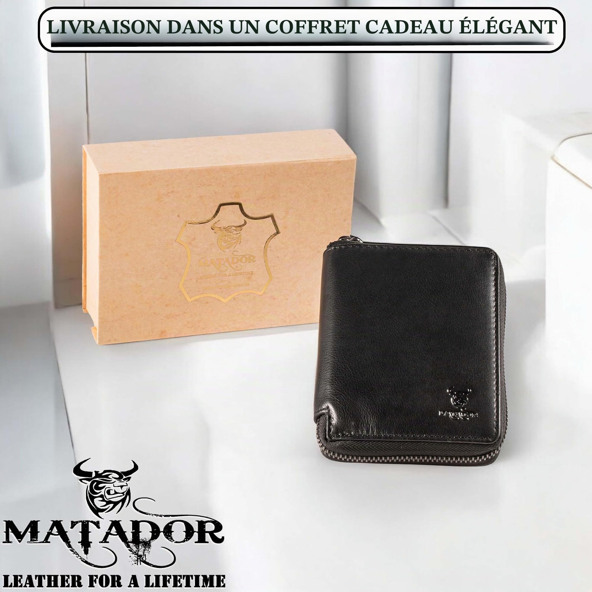 MATADOR Portefeuilles Homme Cuir #Grenade avec Noble Boîte Cadeau, Luxe RFID Portefeuille Homme, Porte Feuille Cuir avec de Nombreux Compartiments à Cartes en Noir Nappa