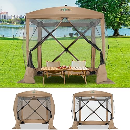 Miniatura 14 de COBIZI Gazebo Emergente de 12x12 pies con Pantalla, Casa con Pantalla para Acampar, Gazebo con Pantalla para Exteriores con Mosquitero, Tienda Hub
