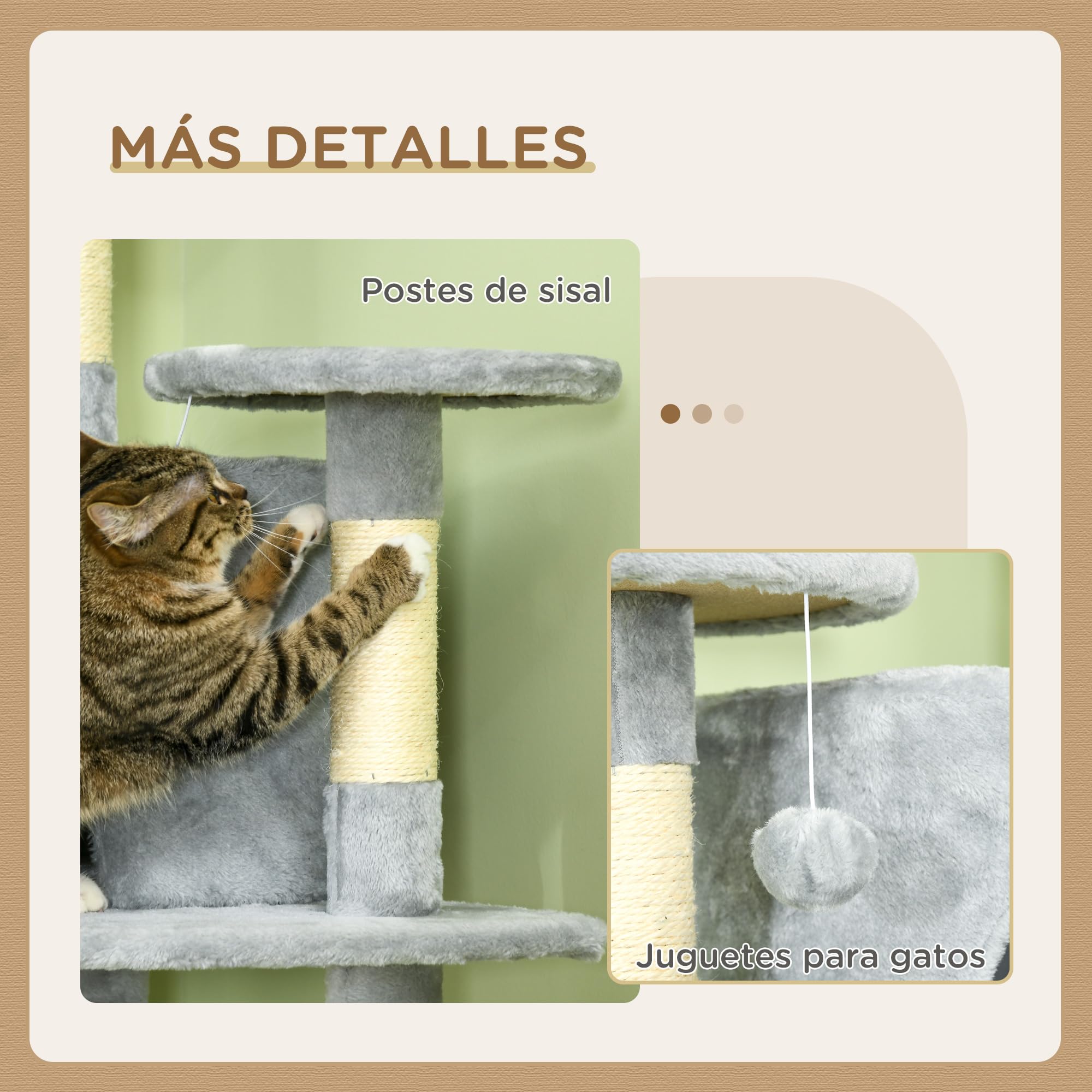PawHut Árbol Rascador para Gatos Altura 200 cm Torre 60x60x200 cm Gris | Torre para Gatos, 2 Cuevas, 2 Hamacas, Cama, Múltiples Plataformas, Postes de Sisal, Bolas de Juguete