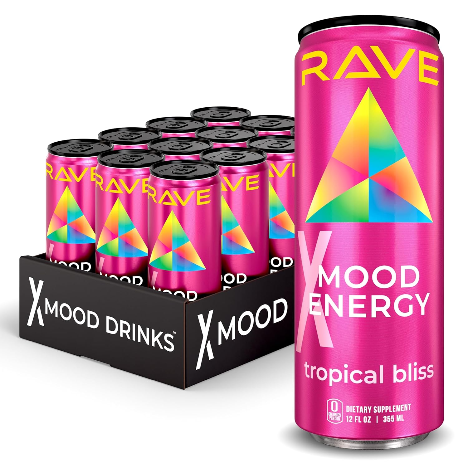 RAVE Mood Energy Drink is Mind Blowingly Different. With Mood-Boosting Functional Mushrooms, Nootropics, Adaptogens & B Vitamins. Experience Mind & Body Rush! 225mg Caffeine - Electrolytes - Zero Calories - Delicious Candy Rush Flavor - 12 fl oz – 12 Pack
