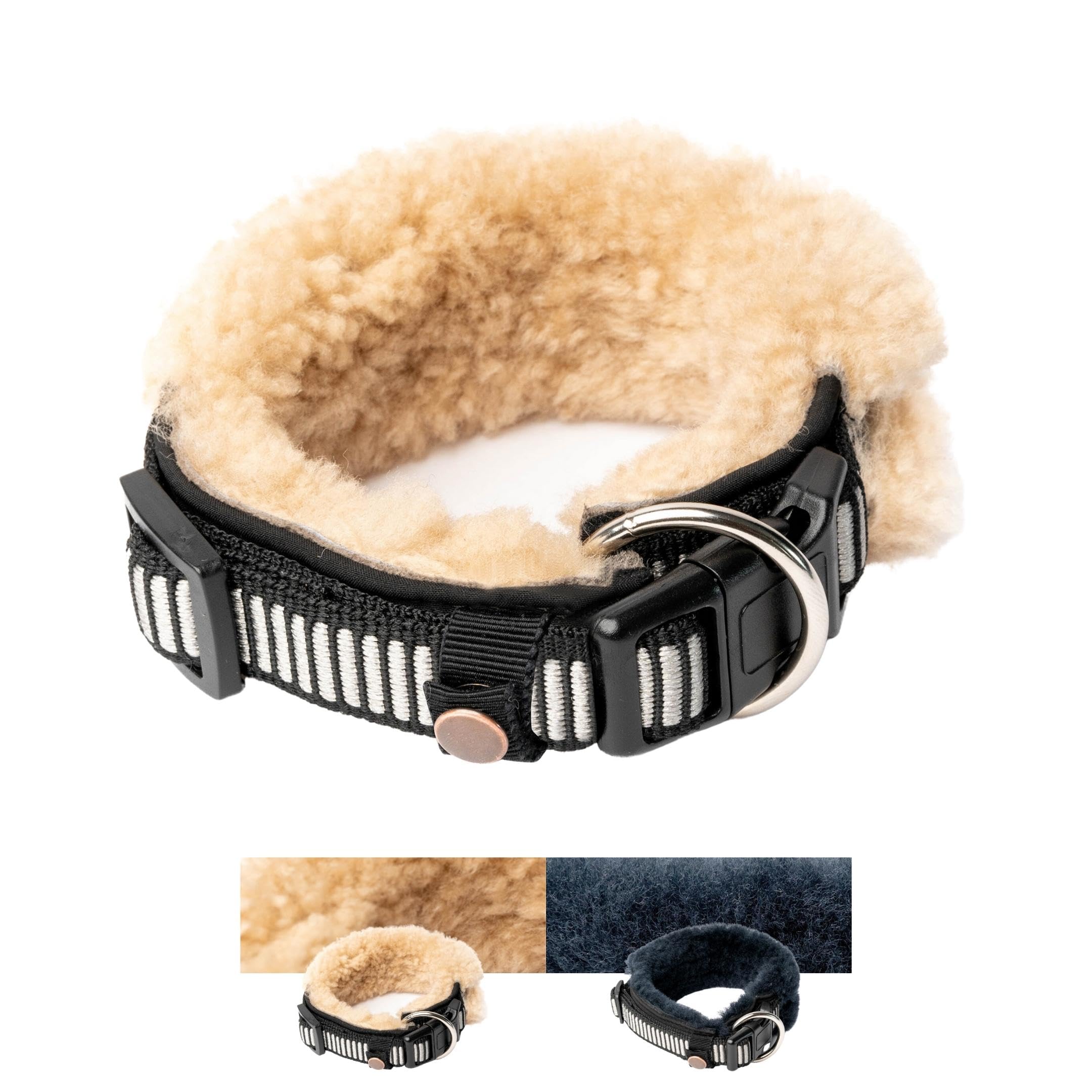 CHRIS innovatives Hundehalsband aus Lammwolle, Halsband vermindert erheblich Haarbruch, gepolstert, reflektierend, verstellbar, für kleine mittel große Hunde in M (35-45cm), L (45-55cm), XL (55-65cm)
